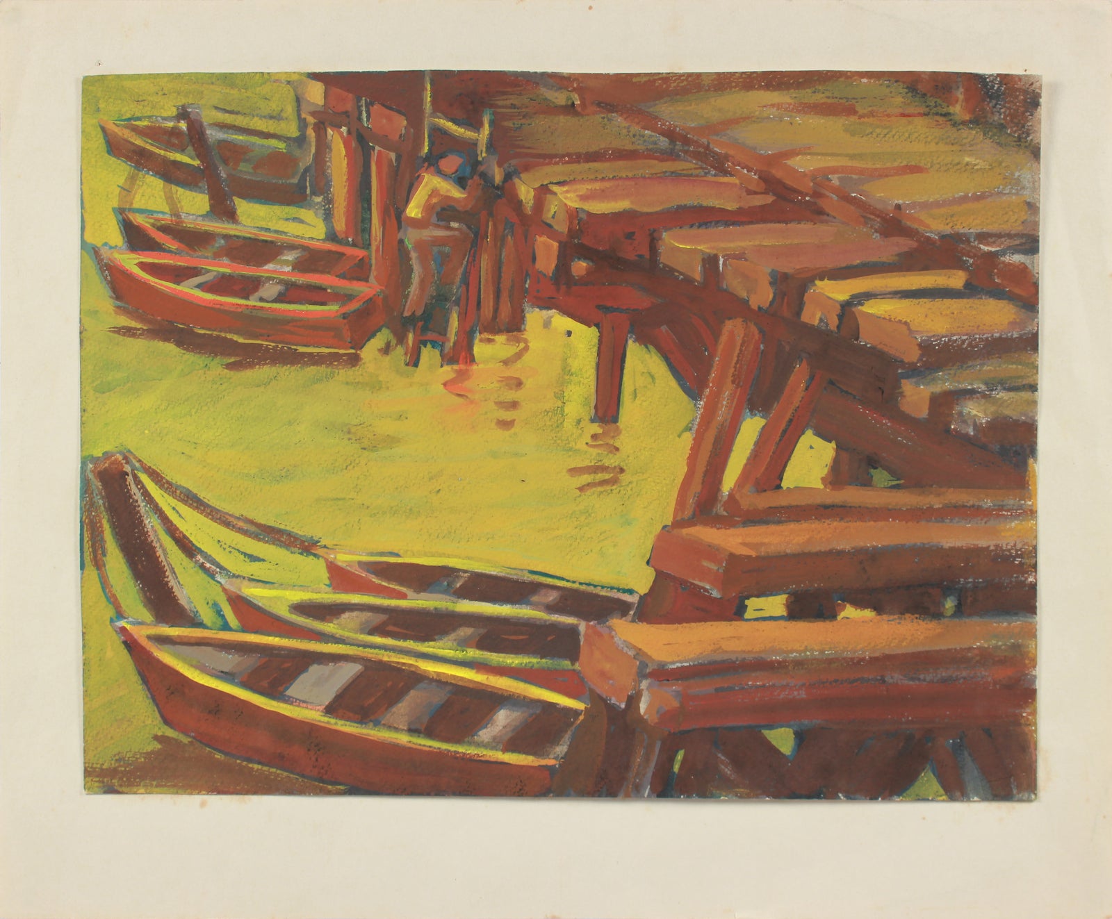 Boats at the Dock <br>1940-60s Gouache <br><br>#A8778
