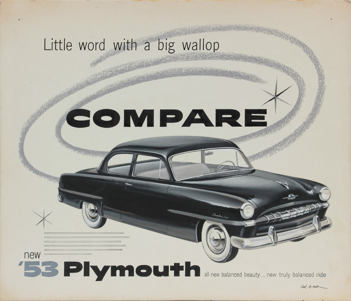 Original Vintage Plymouth Cars Advertising Drawing &lt;br&gt;1950-60s Gouache &amp; Pastel &lt;br&gt;&lt;br&gt;#A9012