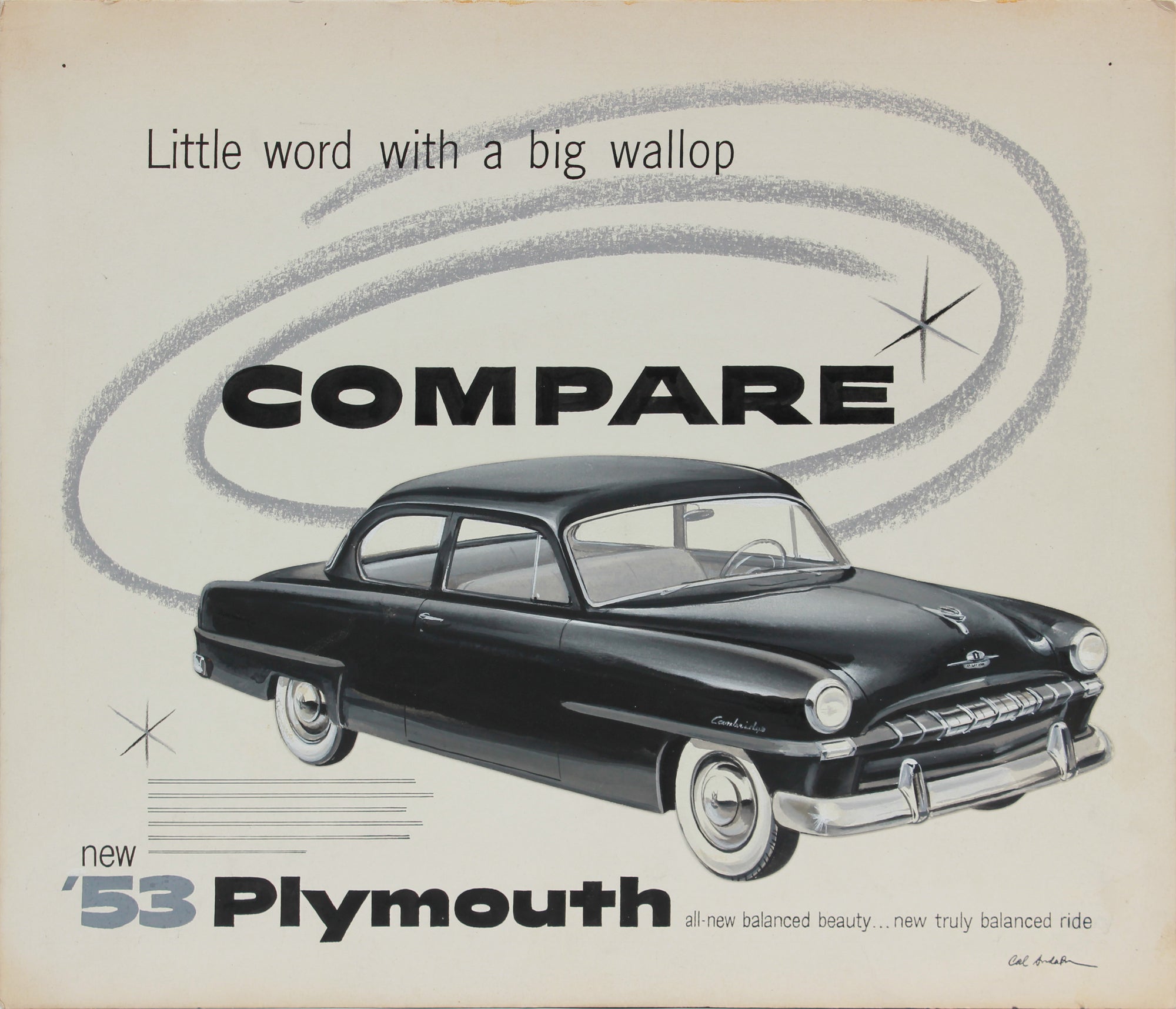 Original Vintage Plymouth Cars Advertising Drawing <br>1950-60s Gouache & Pastel <br><br>#A9012