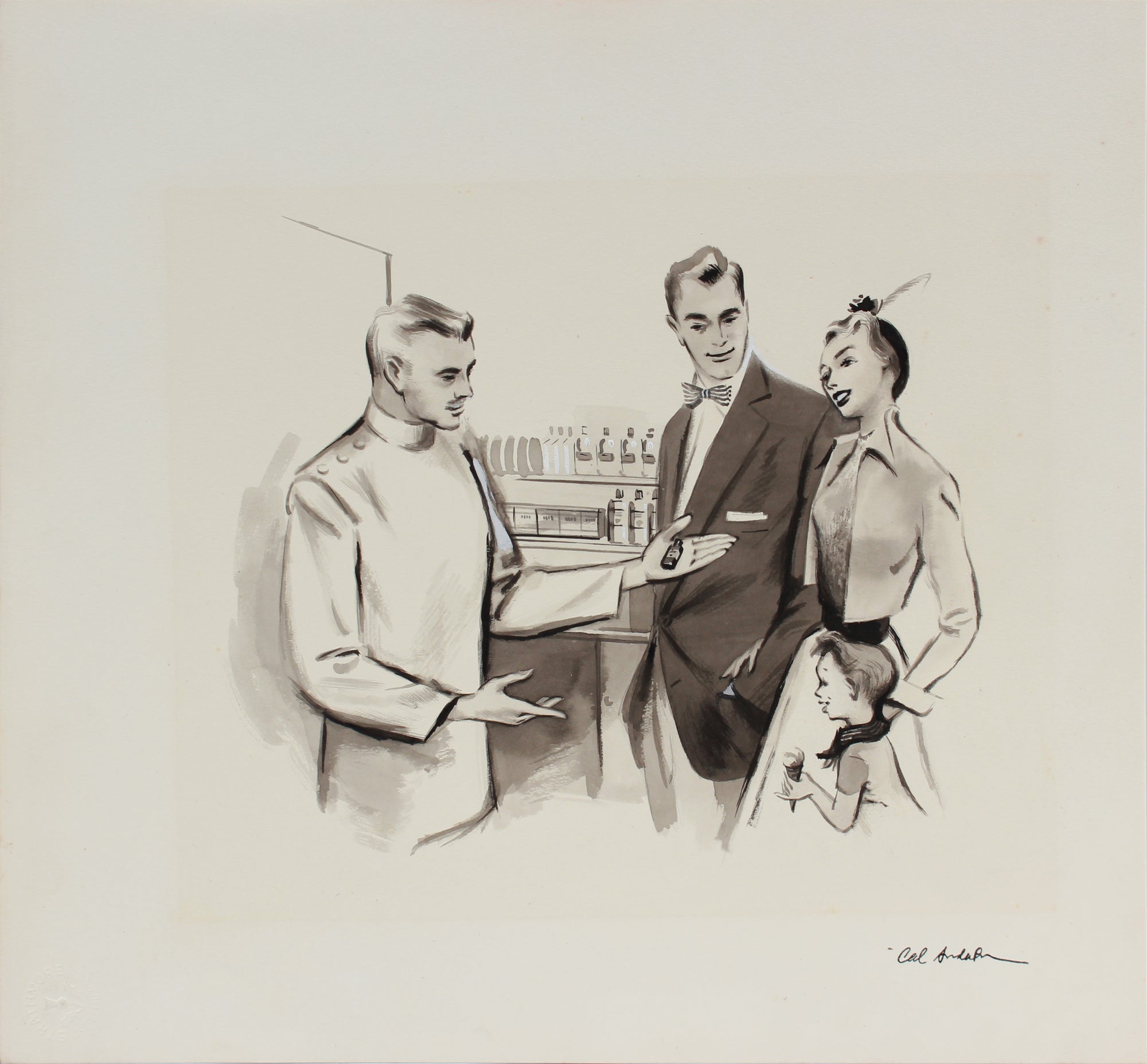 Family at the Pharmacy, Vintage Drawing <br>1950-60s Ink & Gouache <br><br>#A9013
