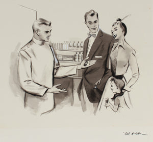 Family at the Pharmacy, Vintage Drawing <br>1950-60s Ink & Gouache <br><br>#A9013