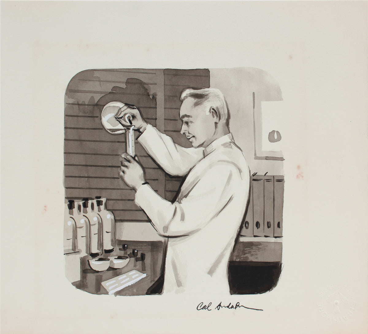 Chemist in the Lab, Vintage Illustration <br>1950-60s Ink <br><br>#A9014