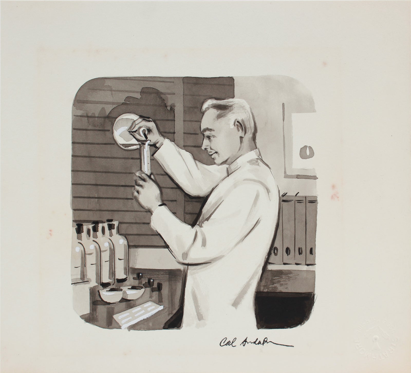 Chemist in the Lab, Vintage Illustration <br>1950-60s Ink <br><br>#A9014