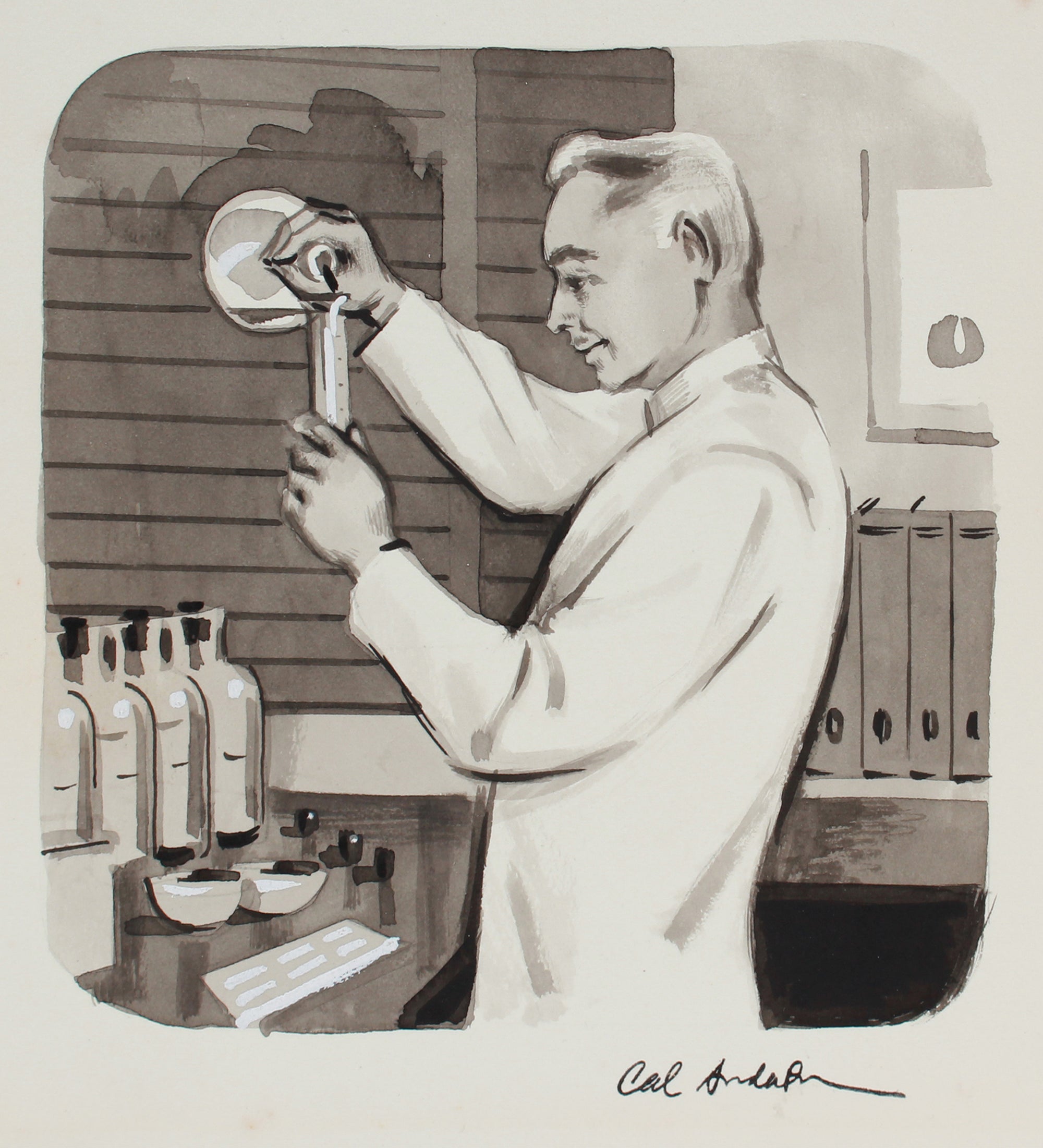 Chemist in the Lab, Vintage Illustration <br>1950-60s Ink <br><br>#A9014