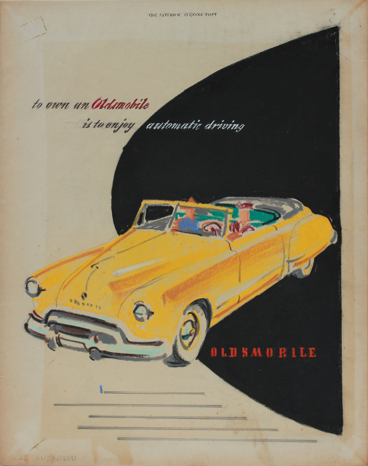 Original Vintage Oldsmobile Advertising Drawing &lt;br&gt;1950-60s Mixed Media &lt;br&gt;&lt;br&gt;#A9022