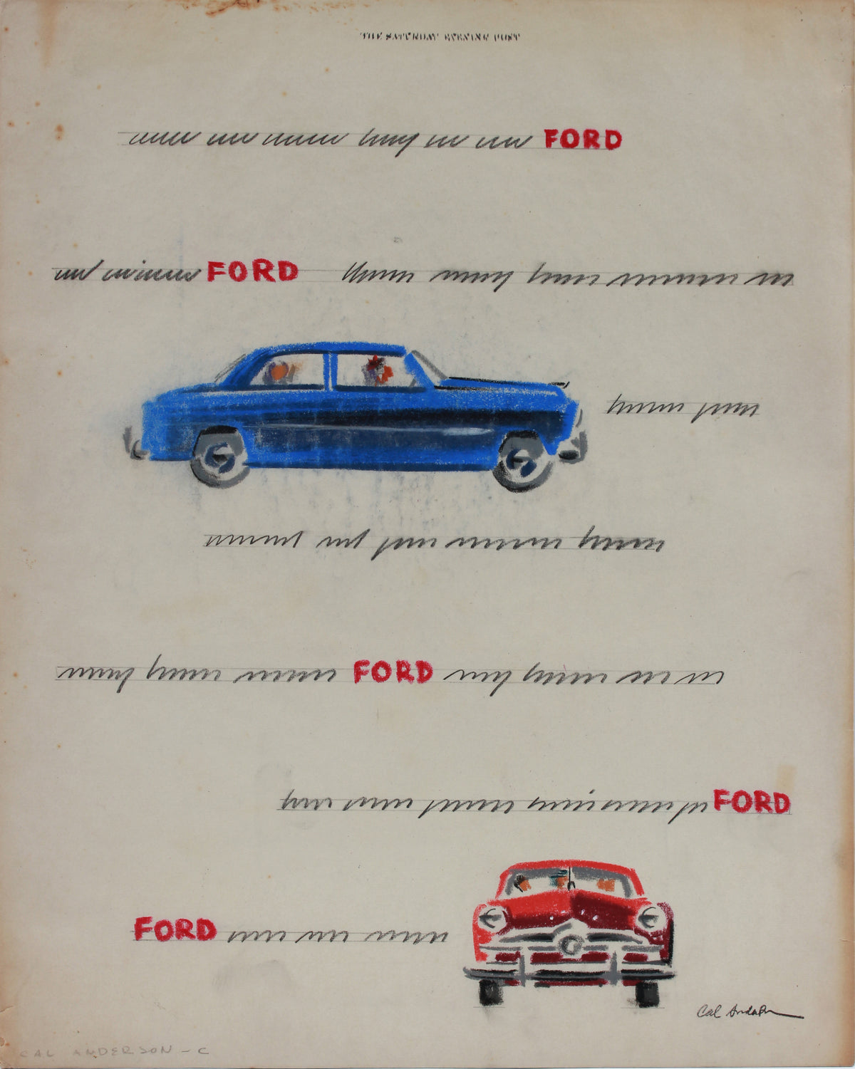 Original Vintage Ford Cars Advertising Drawing &lt;br&gt;1950-60s Mixed Media &lt;br&gt;&lt;br&gt;#A9023