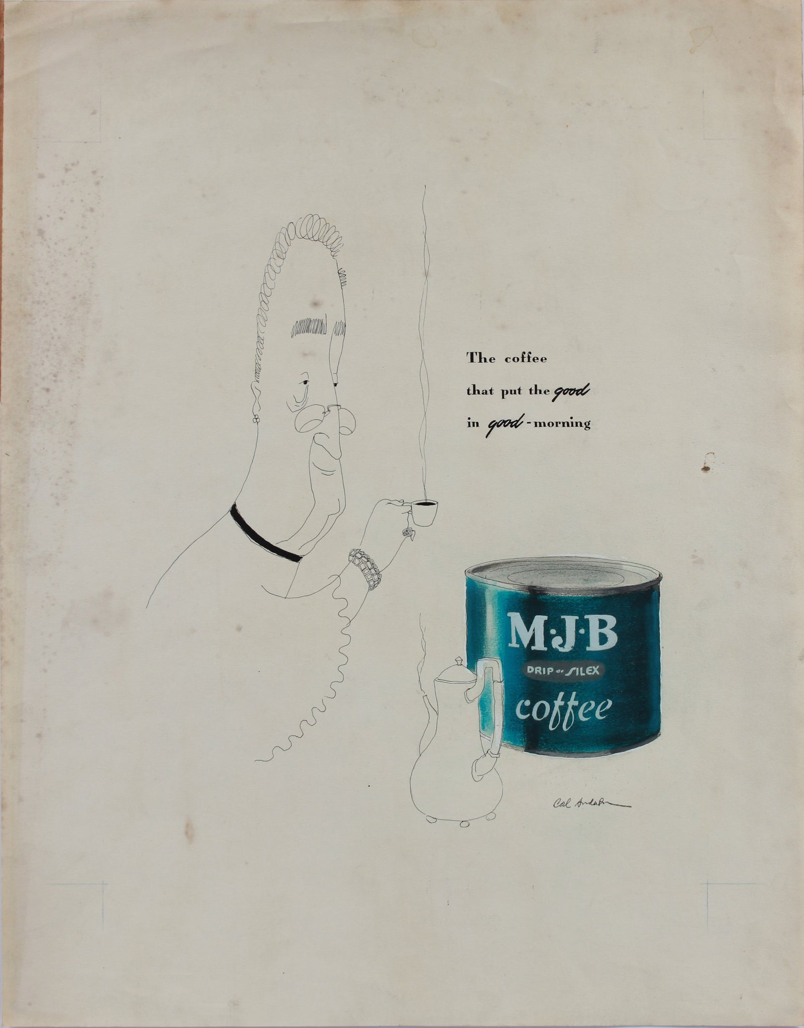 <i>M.J.B. Coffee</i> <br>Original Advertising Illustration <br>1950-60s Gouache, Charcoal & Pastel <br><br>#A9025