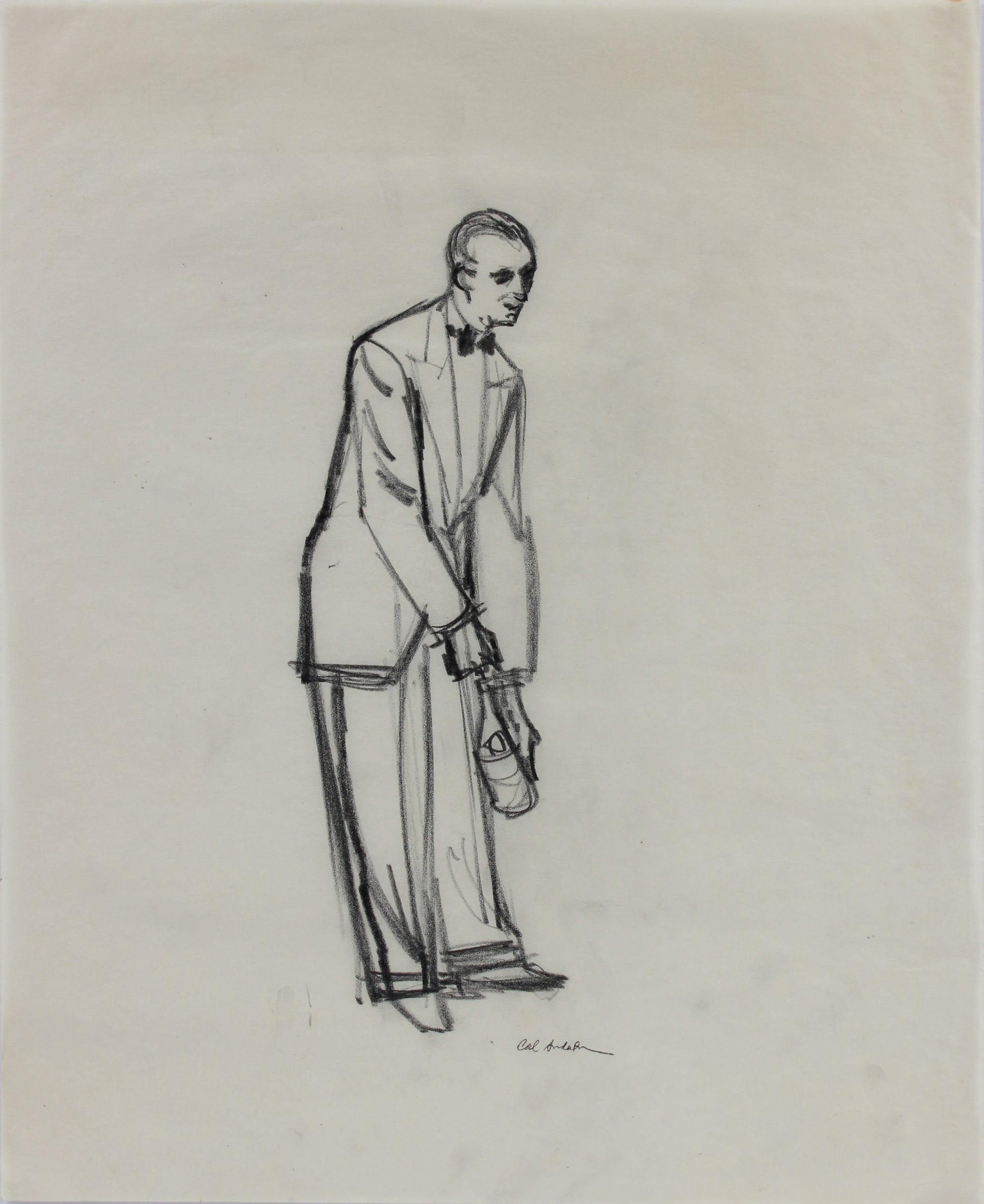 Vintage Drawing of a Waiter with Wine Bottle <br>1950-60s Graphite <br><br>#A9030