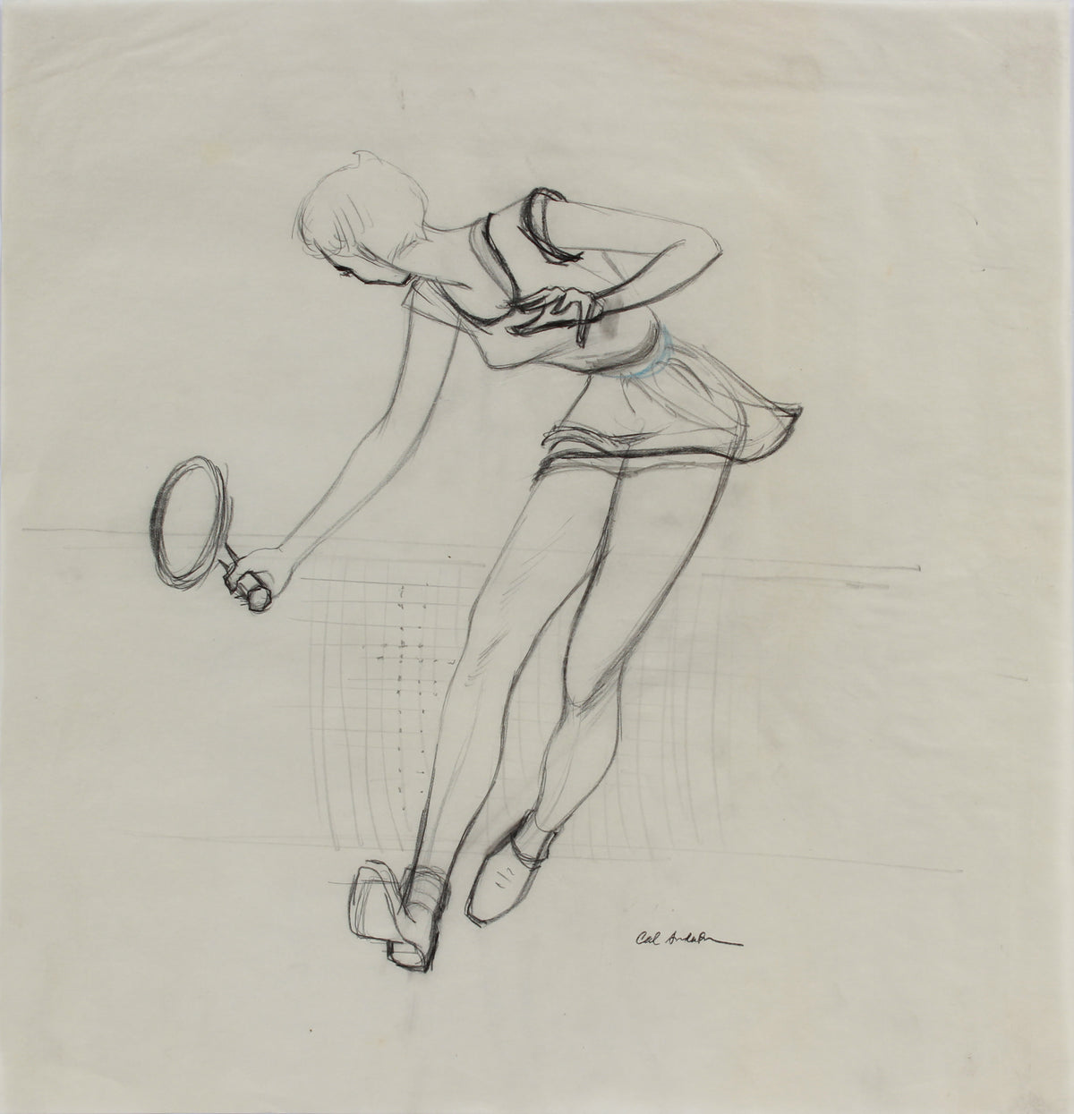 Female Tennis Player Study on Tracing Paper &lt;br&gt;1950-60s Graphite &amp; Colored Pencil &lt;br&gt;&lt;br&gt;#A9032