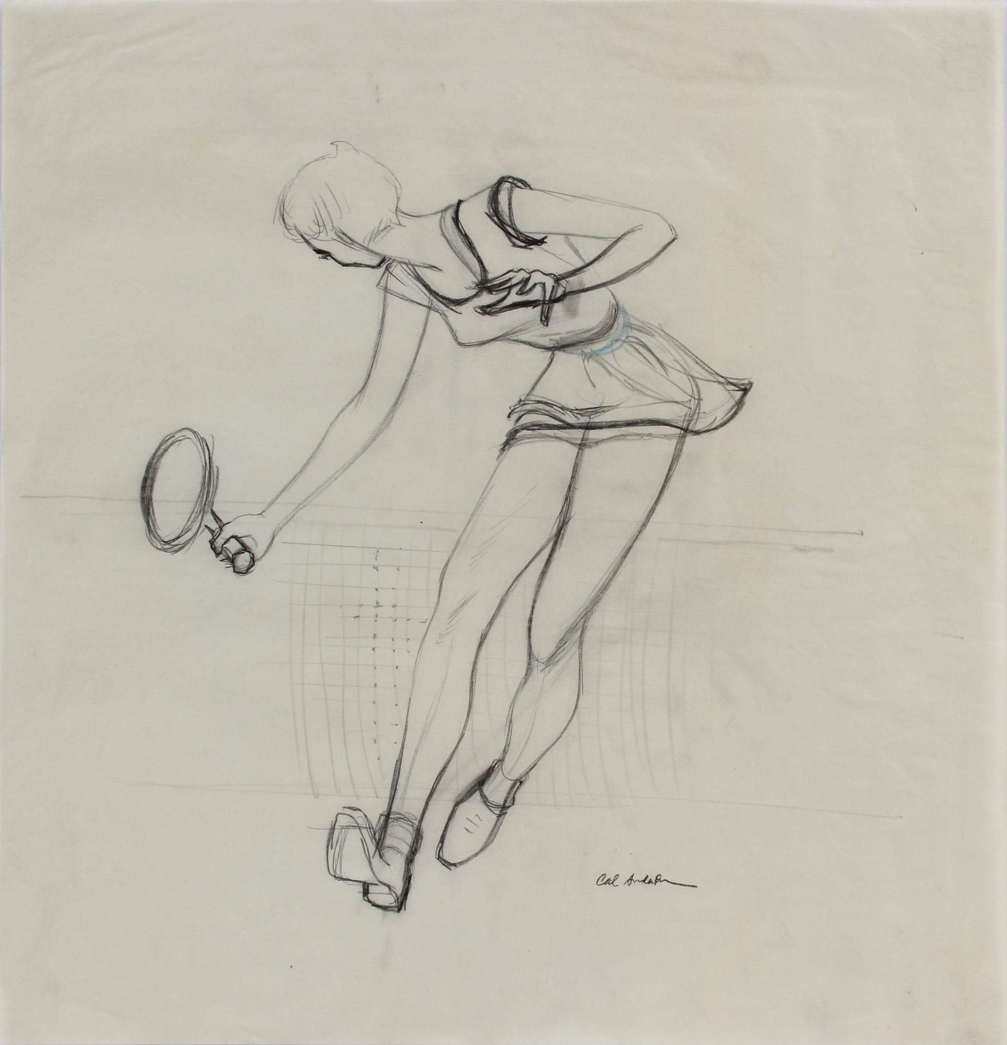 Female Tennis Player Study on Tracing Paper <br>1950-60s Graphite & Colored Pencil <br><br>#A9032
