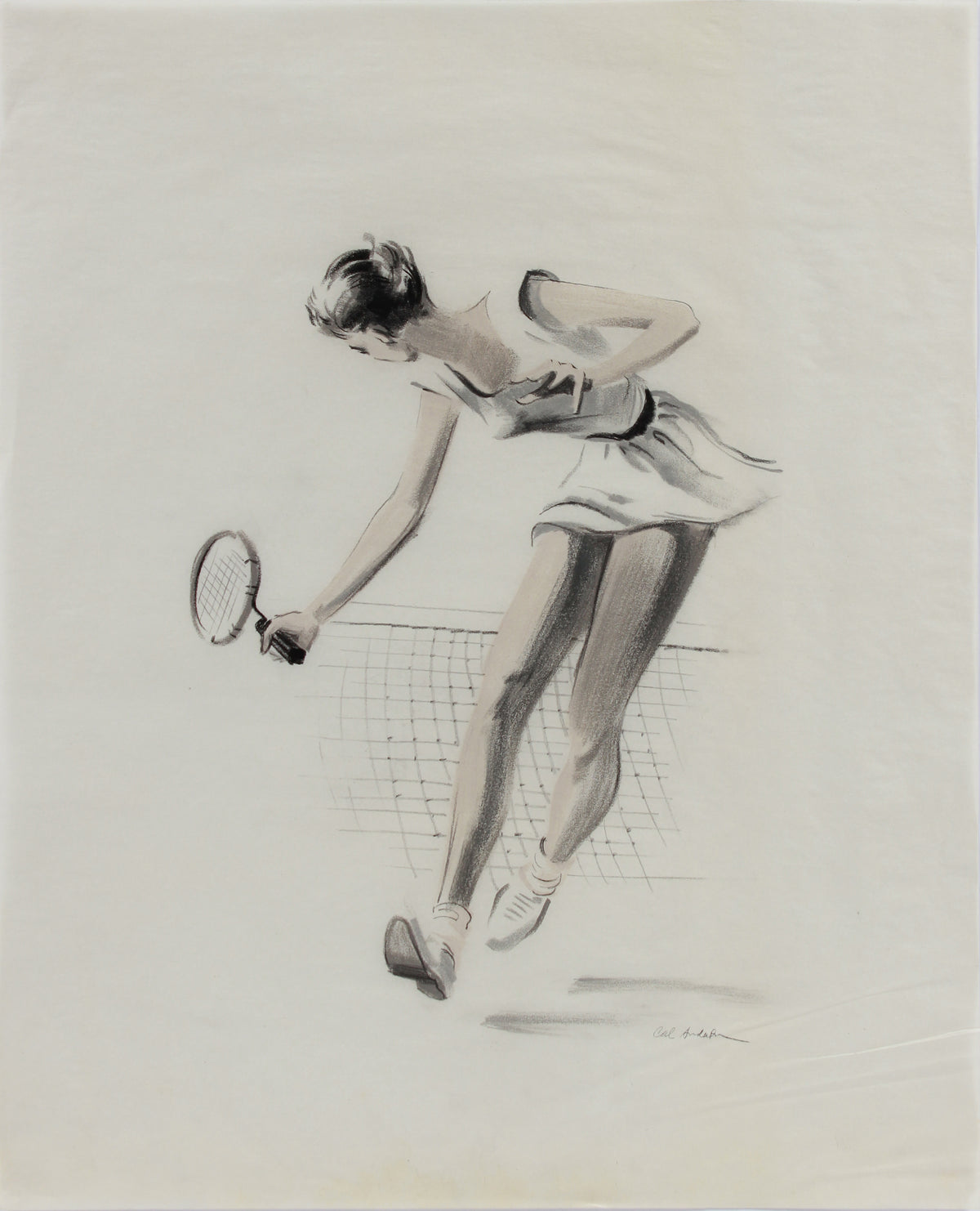 Female Tennis Player in Motion &lt;br&gt;1950-60s Charcoal &amp; Pastel &lt;br&gt;&lt;br&gt;#A9033