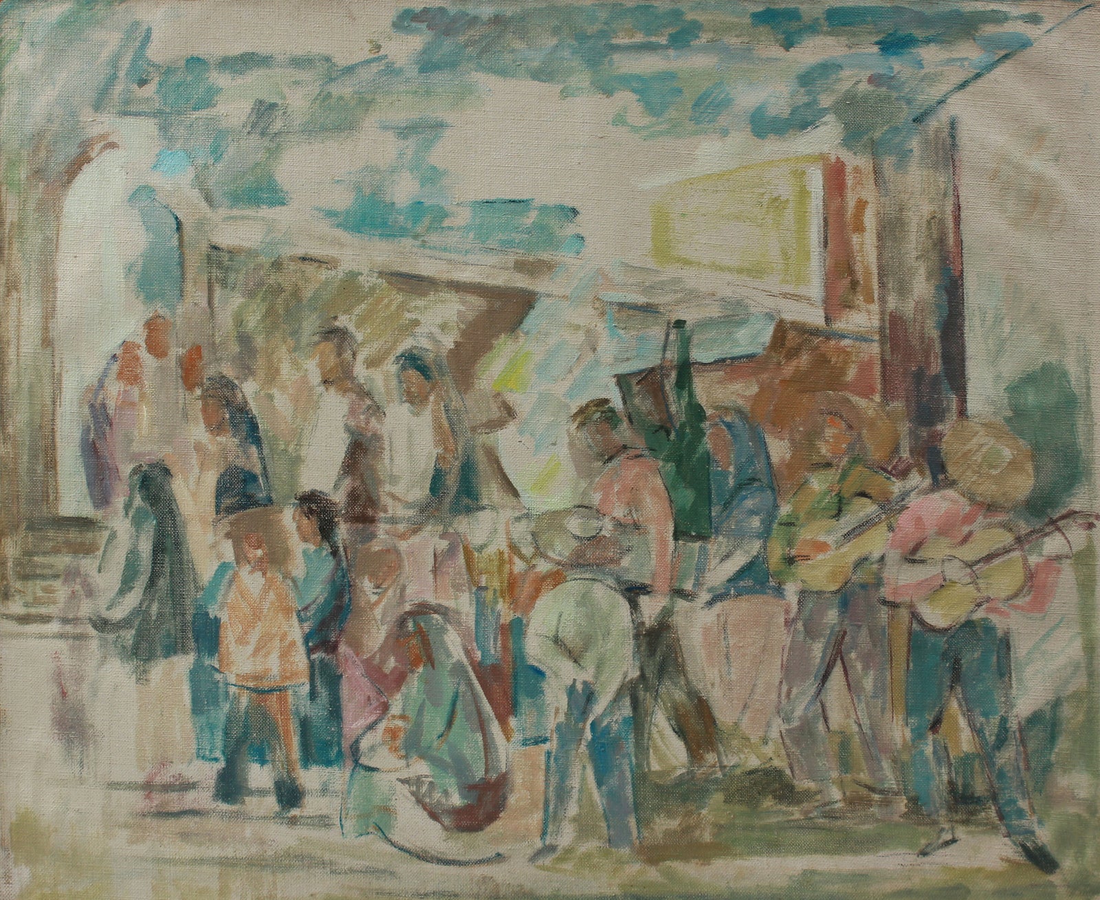 Muted Abstracted People Scene <br>1967 Oil <br><br>#A9144
