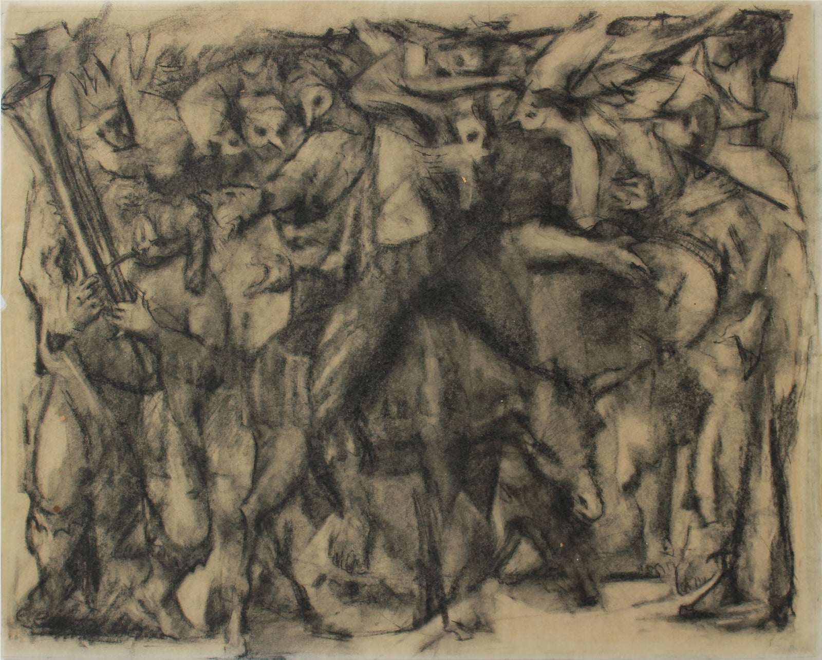 Bustling Modernist People Scene <br>1960s Charcoal <br><br>#A9146