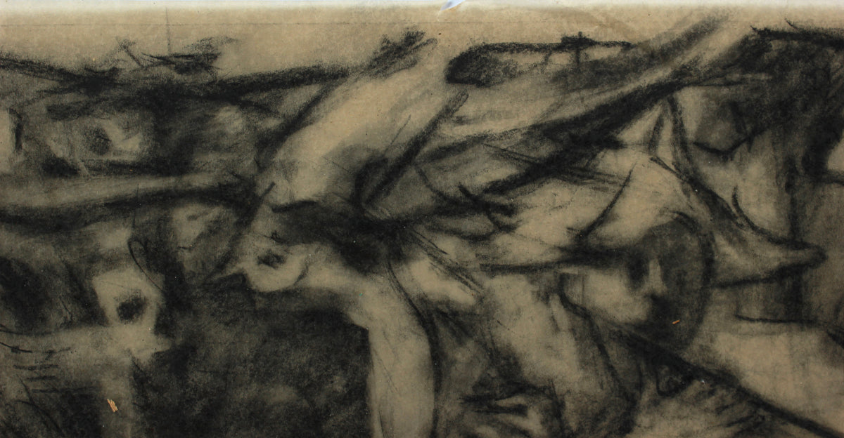 Bustling Modernist People Scene <br>1960s Charcoal <br><br>#A9146