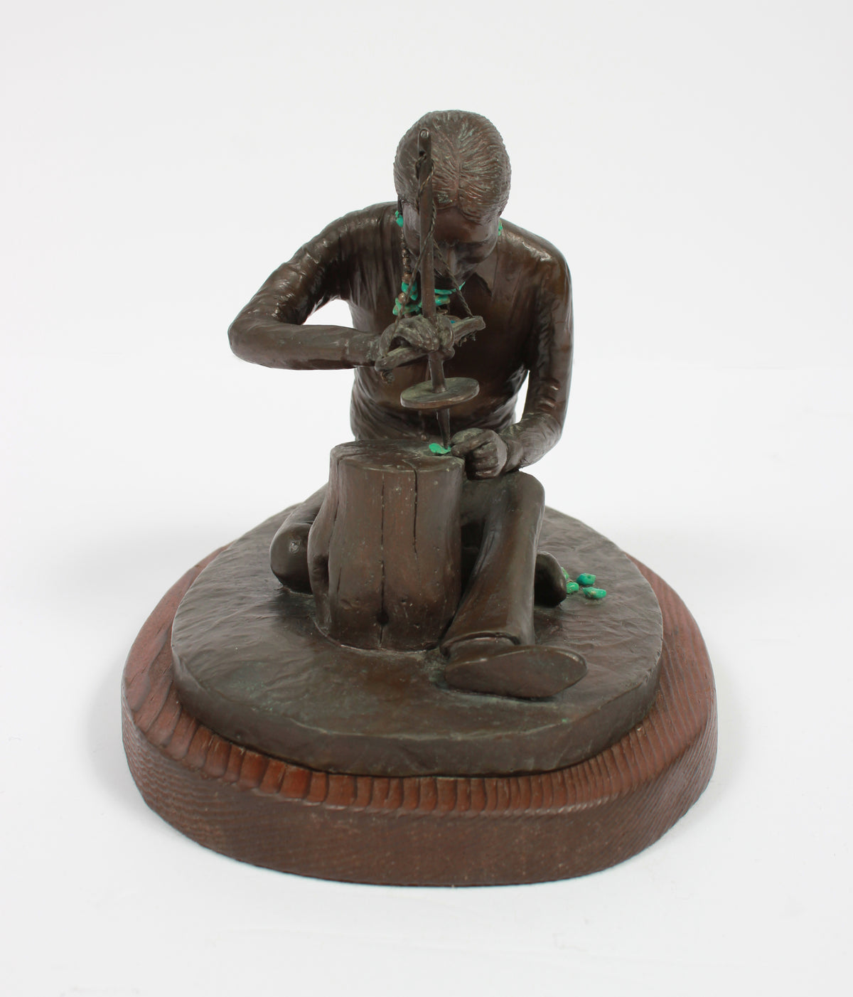 <i>The Bead Maker</i> <br>Bronze with Turquoise on Wood <br><br>#A9269