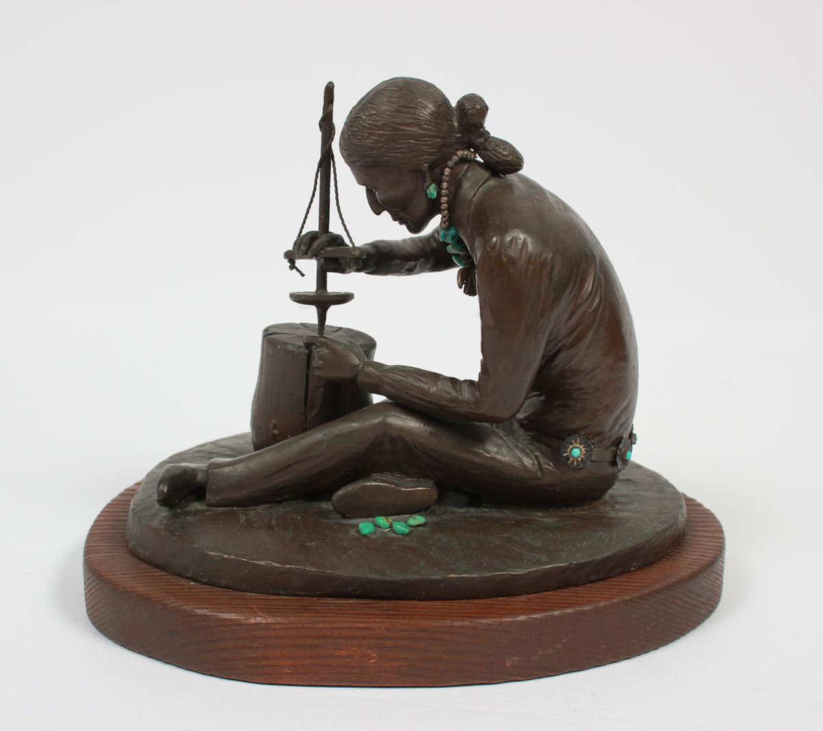 <i>The Bead Maker</i> <br>Bronze with Turquoise on Wood <br><br>#A9269