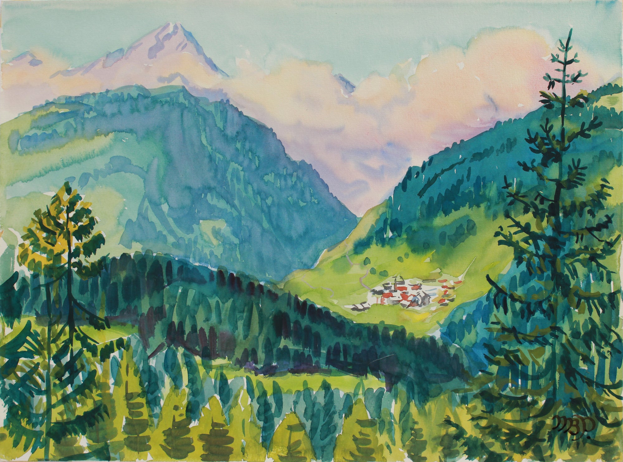 Swiss Mountain Scene, Near Lenzerheide <br>1964 Watercolor <br><br>#A9365