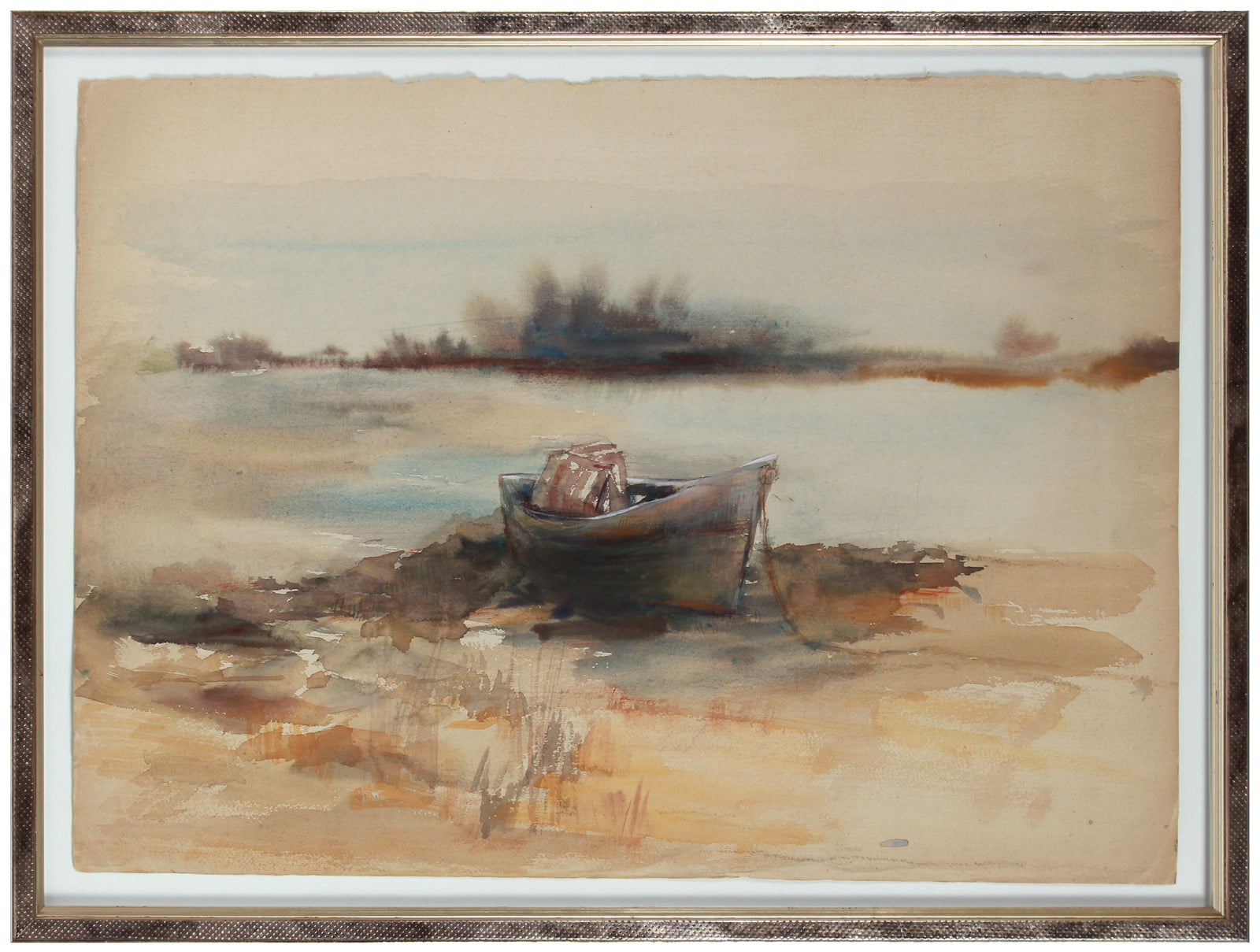 Abstracted Lake Scene with Boat <br>1960s Watercolor <br><br>#A9390
