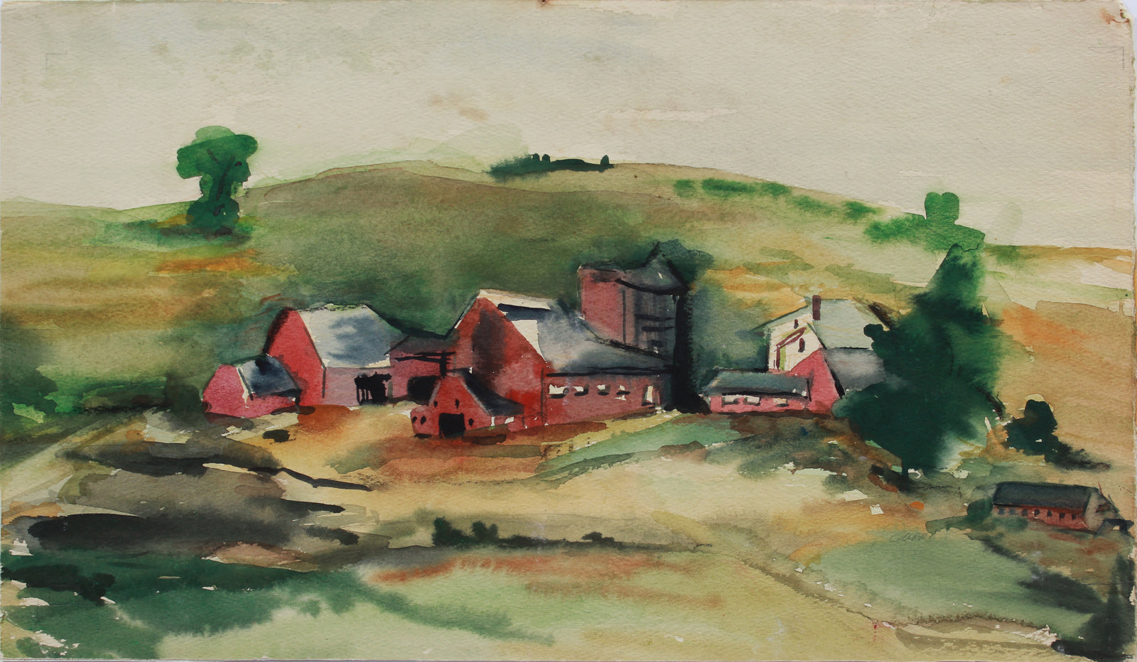 New England Farm Abstracted Landscape <br>1980s Gouache <br><br>#A9461