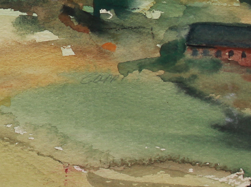 New England Farm Abstracted Landscape <br>1980s Gouache <br><br>#A9461