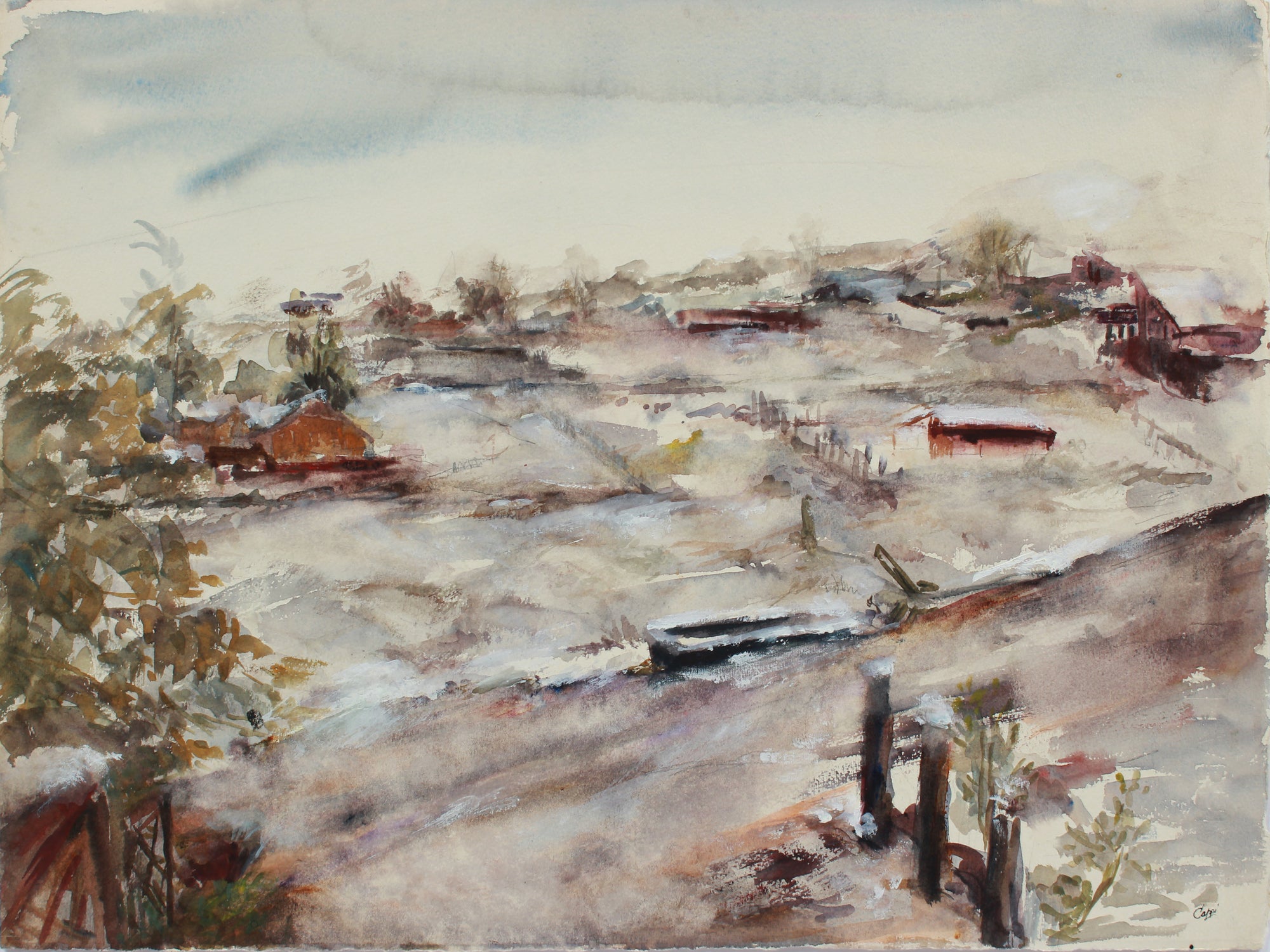 Abstracted New England Landscape <br>1970s Watercolor & Graphite <br><br>#A9472