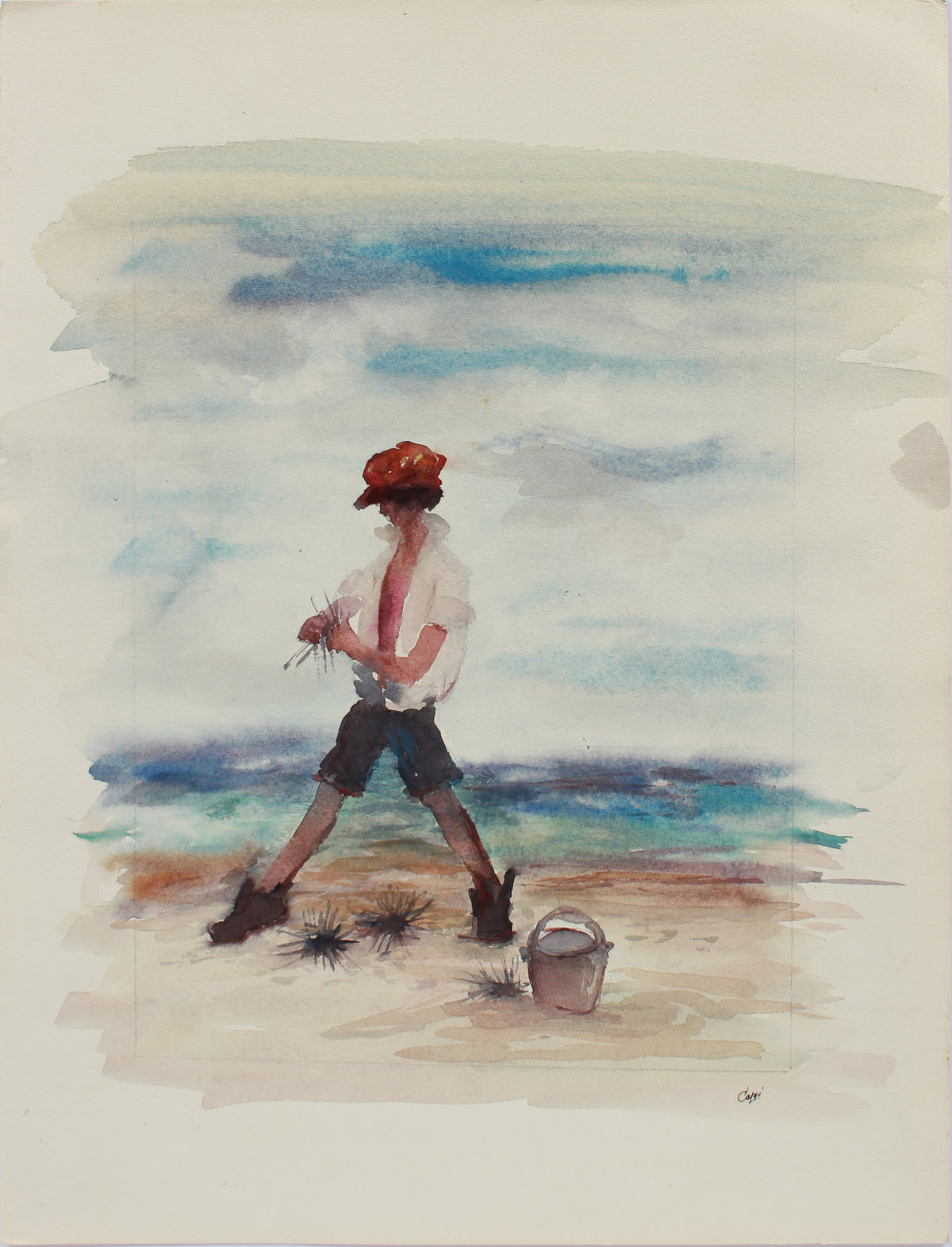 Collecting Shells at Cape Cod &lt;br&gt;1980s Watercolor &lt;br&gt;&lt;br&gt;#A9474