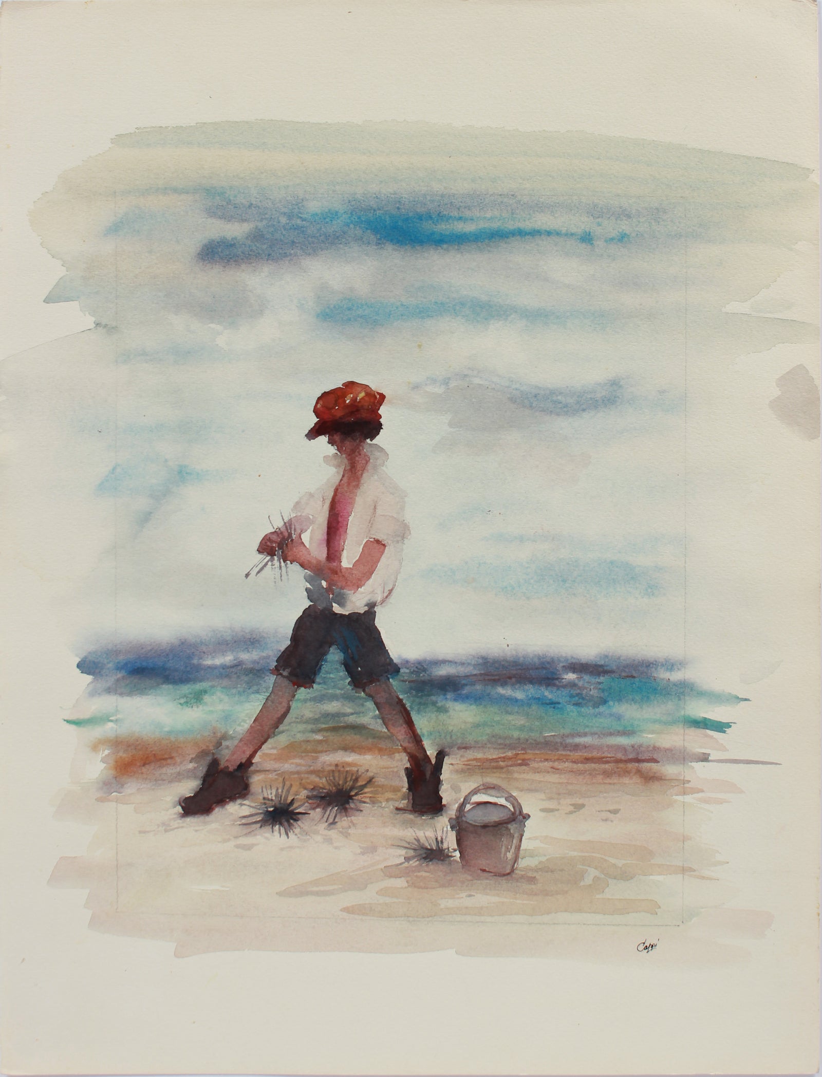 Collecting Shells at Cape Cod <br>1980s Watercolor <br><br>#A9474