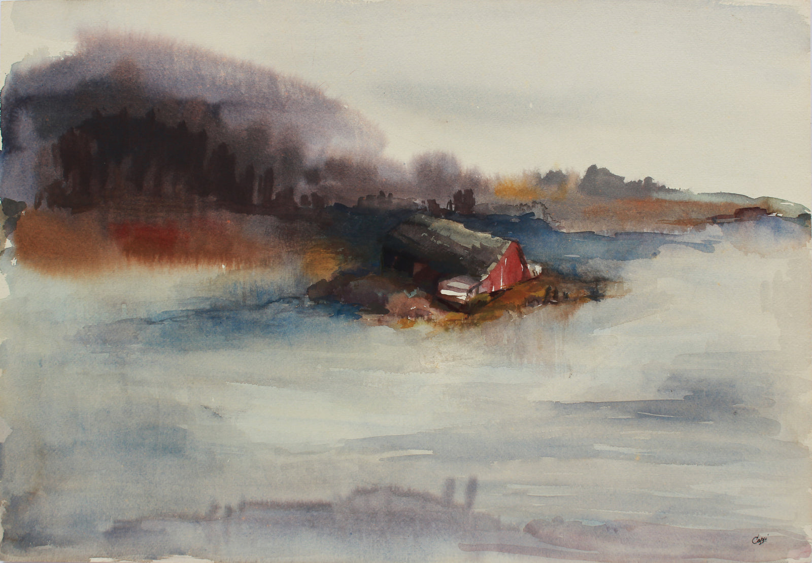 <i>Barn at the Mill Pond</i> <br>1960s Watercolor <br><br>#A9475