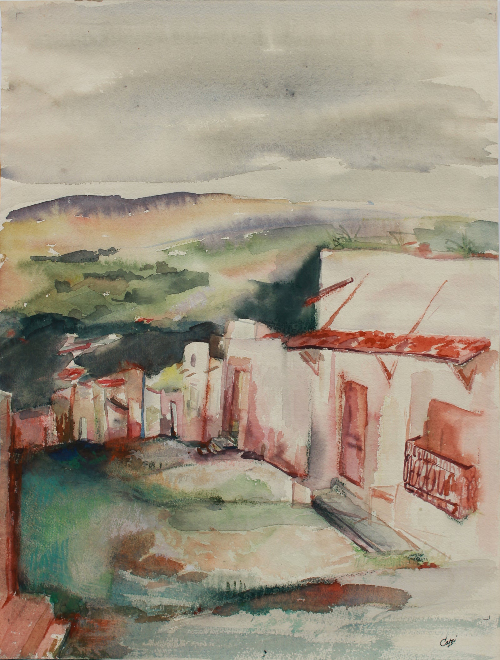 Quiet Mexican Village Landscape <br>1960-80s Watercolor <br><br>#A9479