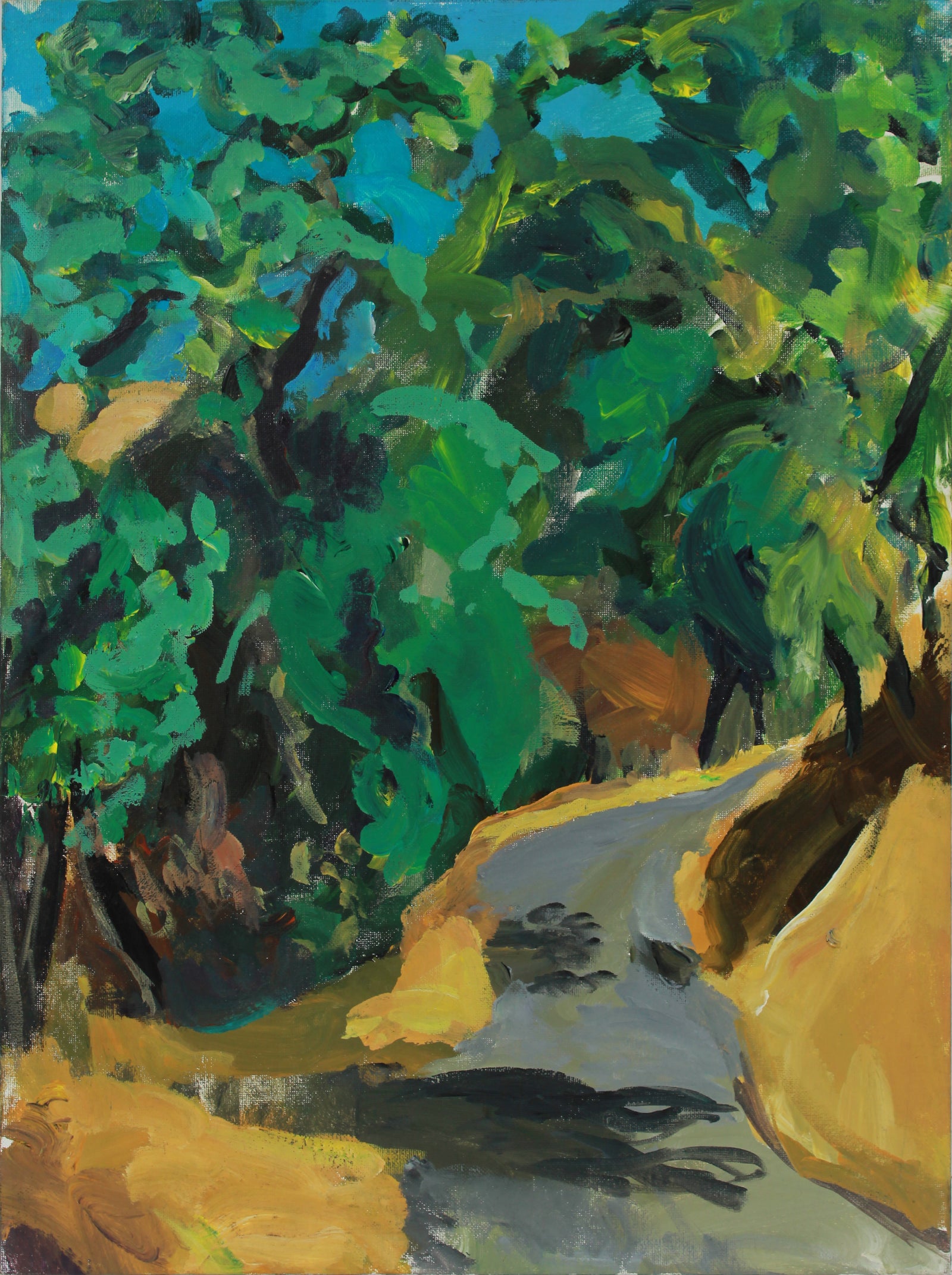 Expressionist Tree Lined Road <br>Late 20th Century Oil <br><br>#A9517