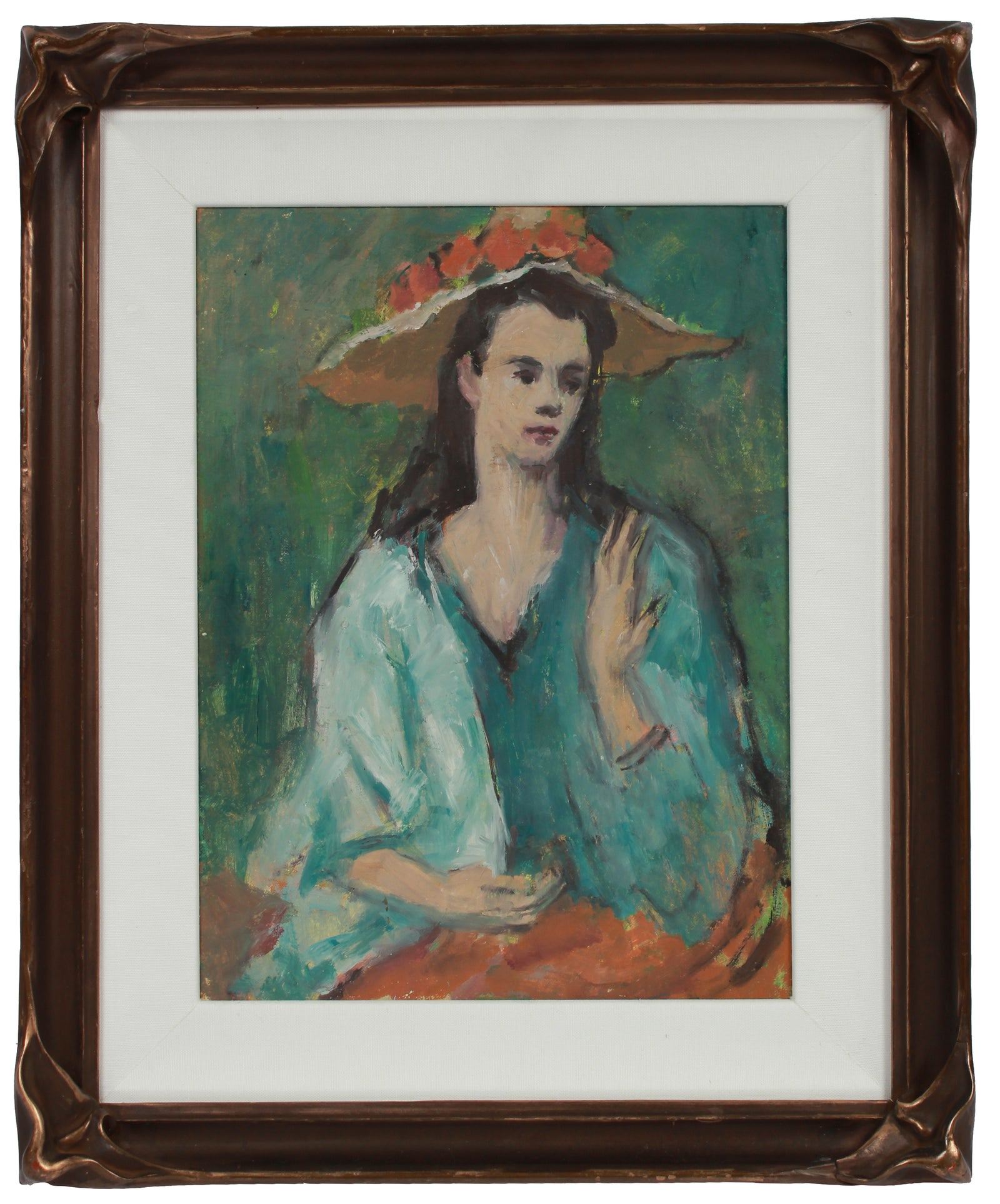 Serene Portrait with Flower Hat <br>1970s Oil <br><br>#A9552