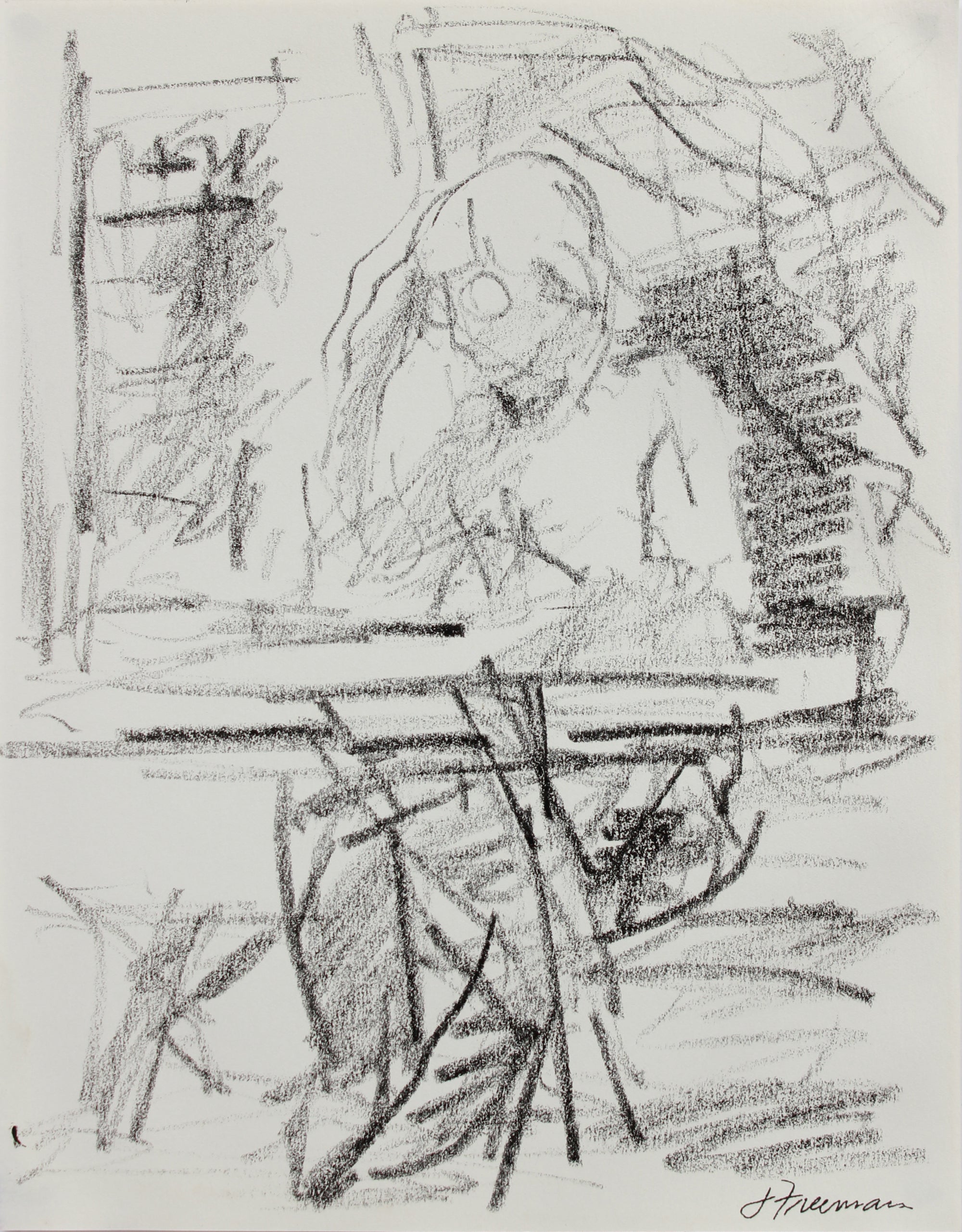 Seated Figure In Contemplation <br>1984 Charcoal <br><br>#A9633