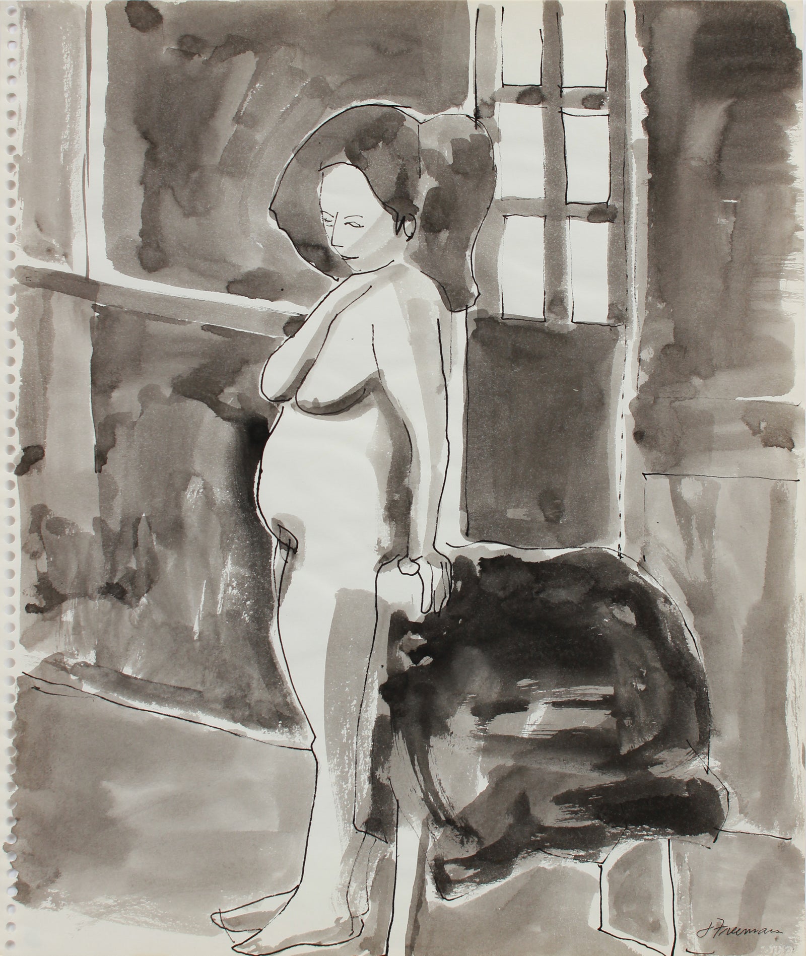 Modernist Nude Female Figure Drawing <br>1970s Ink <br><br>#A9641