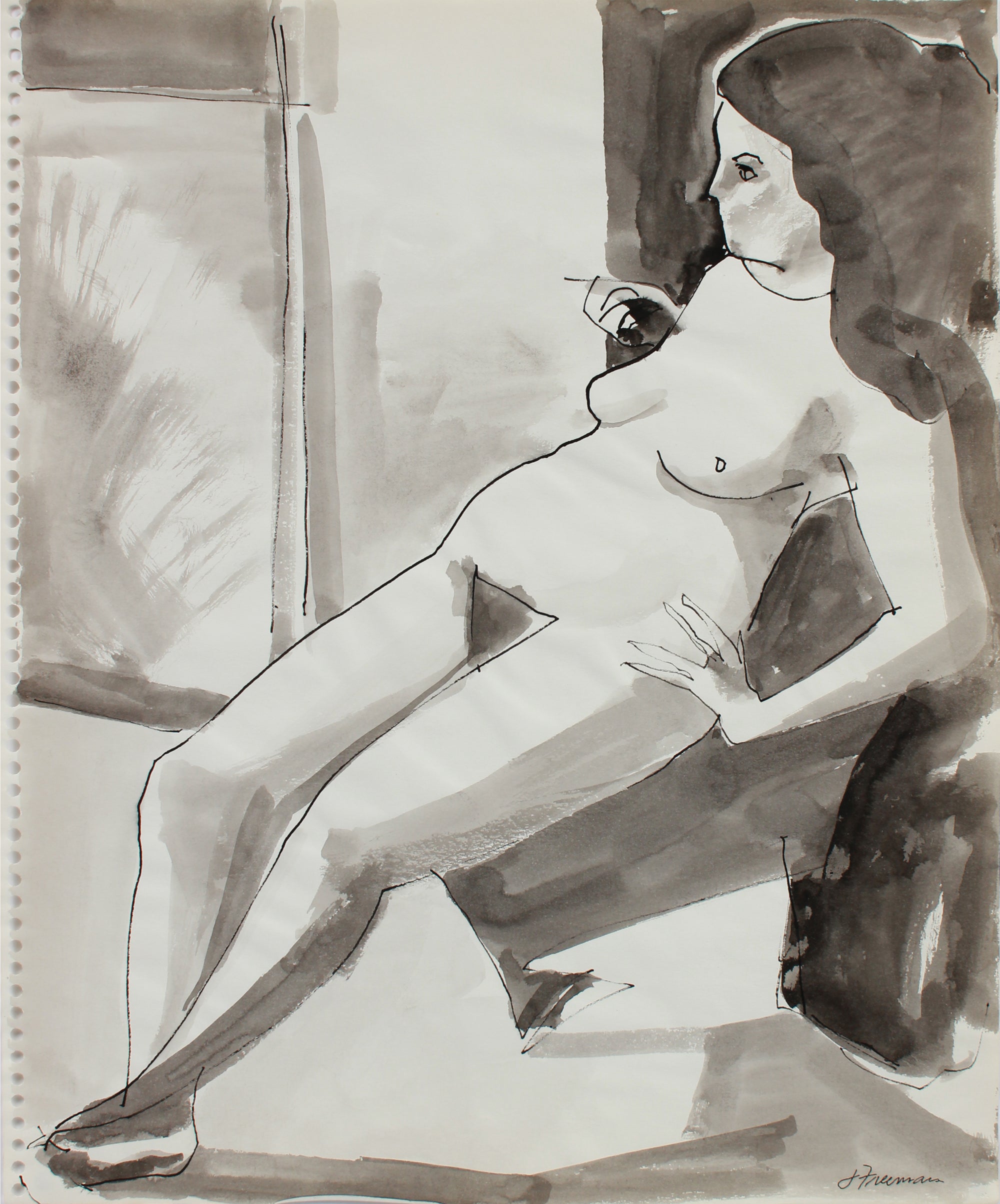 Relaxed Modernist Nude Female Figure Drawing <br>1984 Ink <br><br>#A9642
