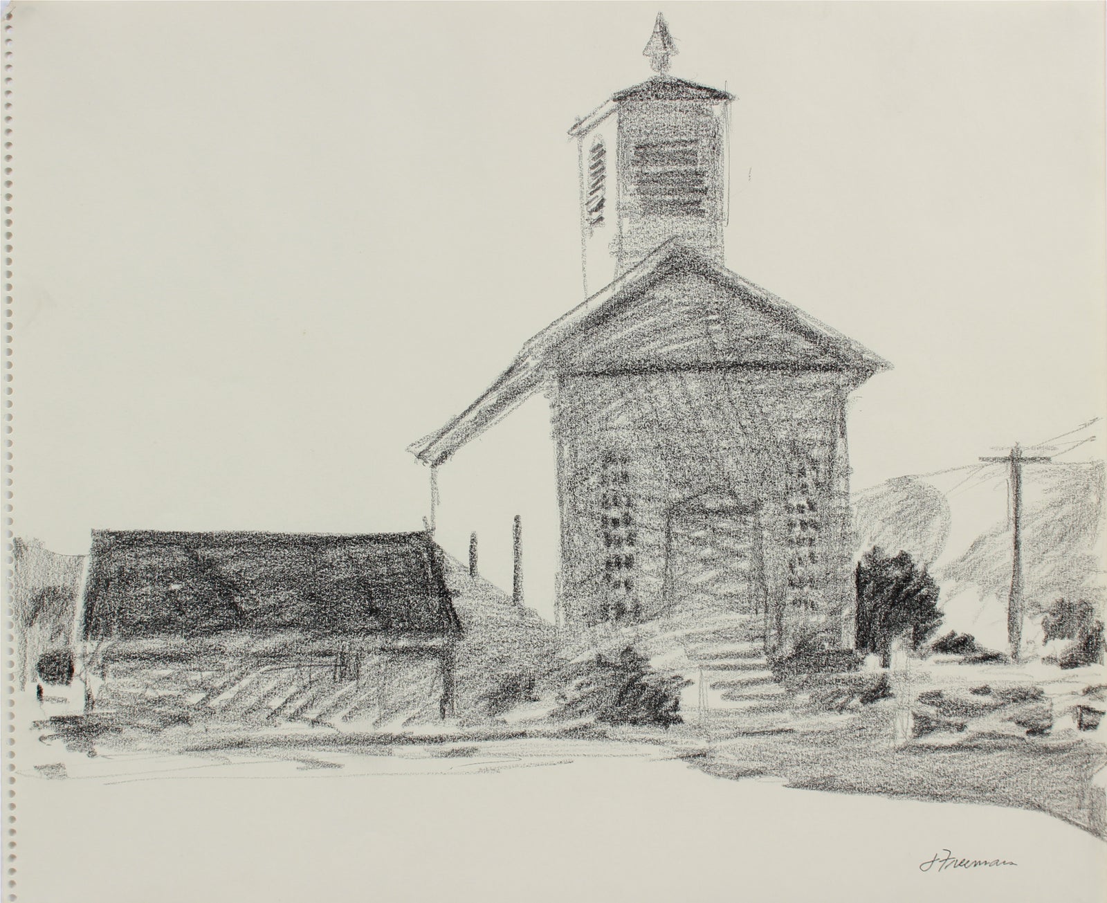 Californian Building with Bell Tower <br>Late 1970s Graphite <br><br>#A9645