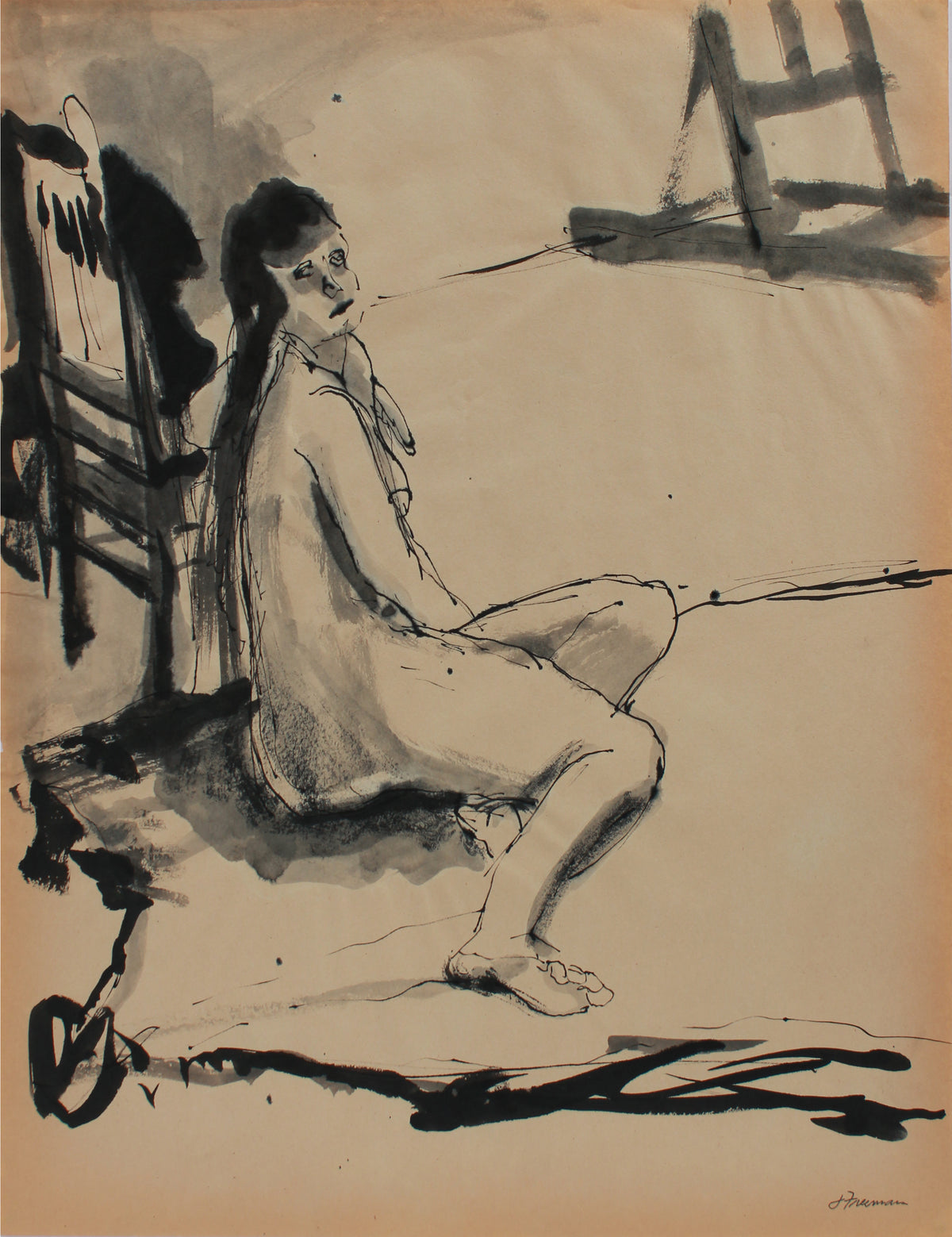 Modernist Seated Female Nude Model &lt;br&gt;1970s Ink &lt;br&gt;&lt;br&gt;#A9649