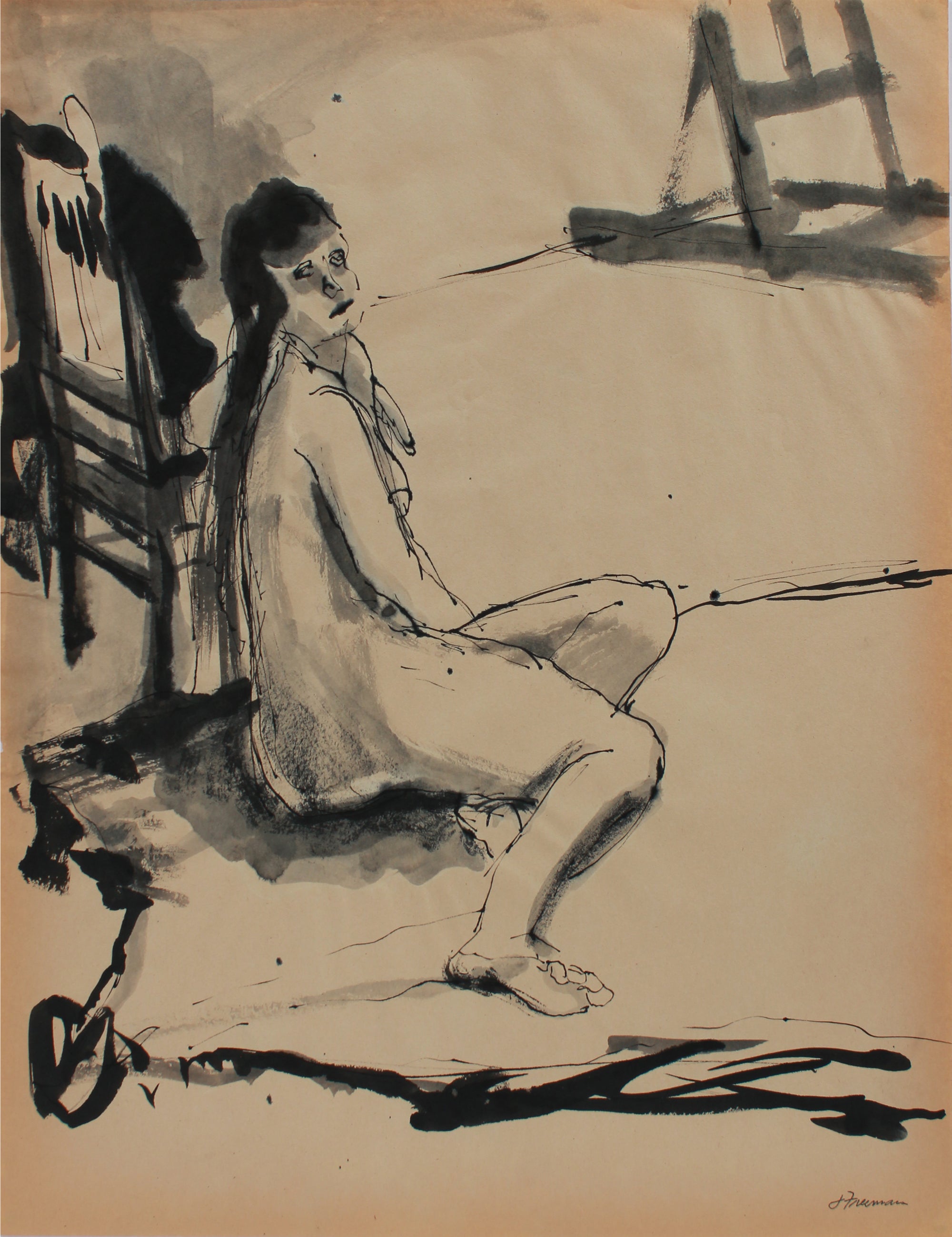 Modernist Seated Female Nude Model <br>1970s Ink <br><br>#A9649
