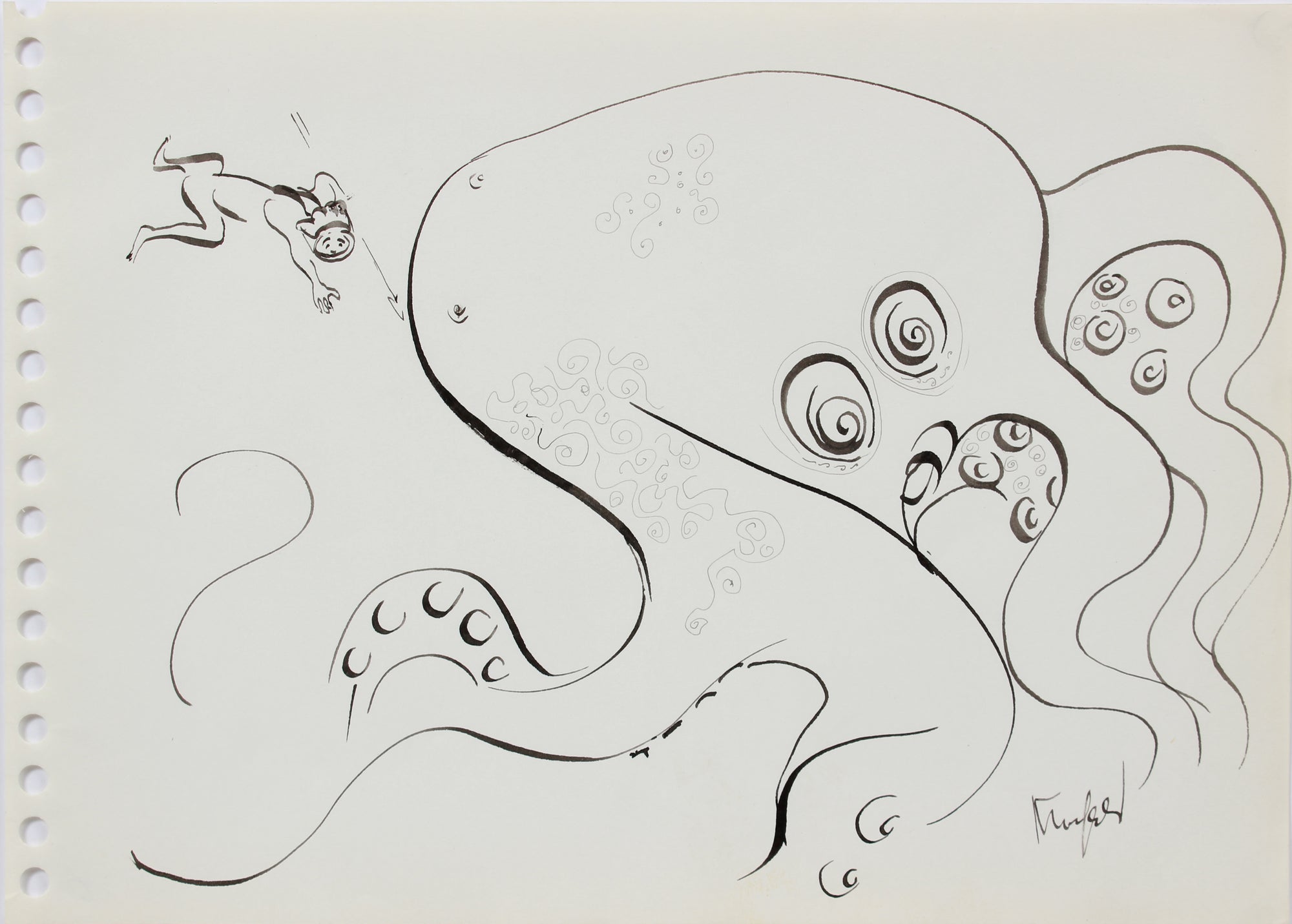 Monochrome Octopus Drawing<br>1970-80s Ink<br><br>#A9673