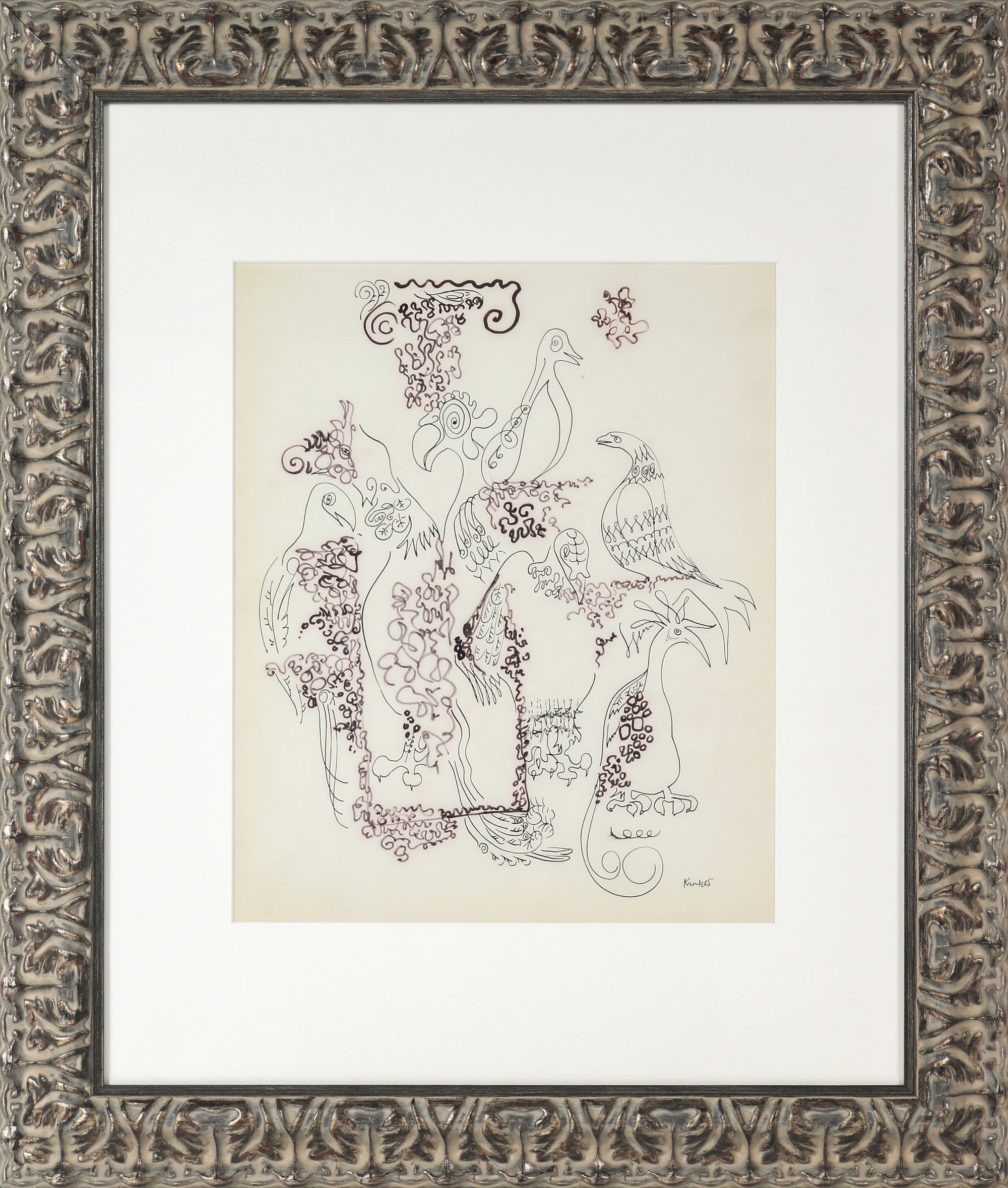 Intricate Floral Modernist Drawing <br>1960-80s Ink on Paper <br><br>#A9678