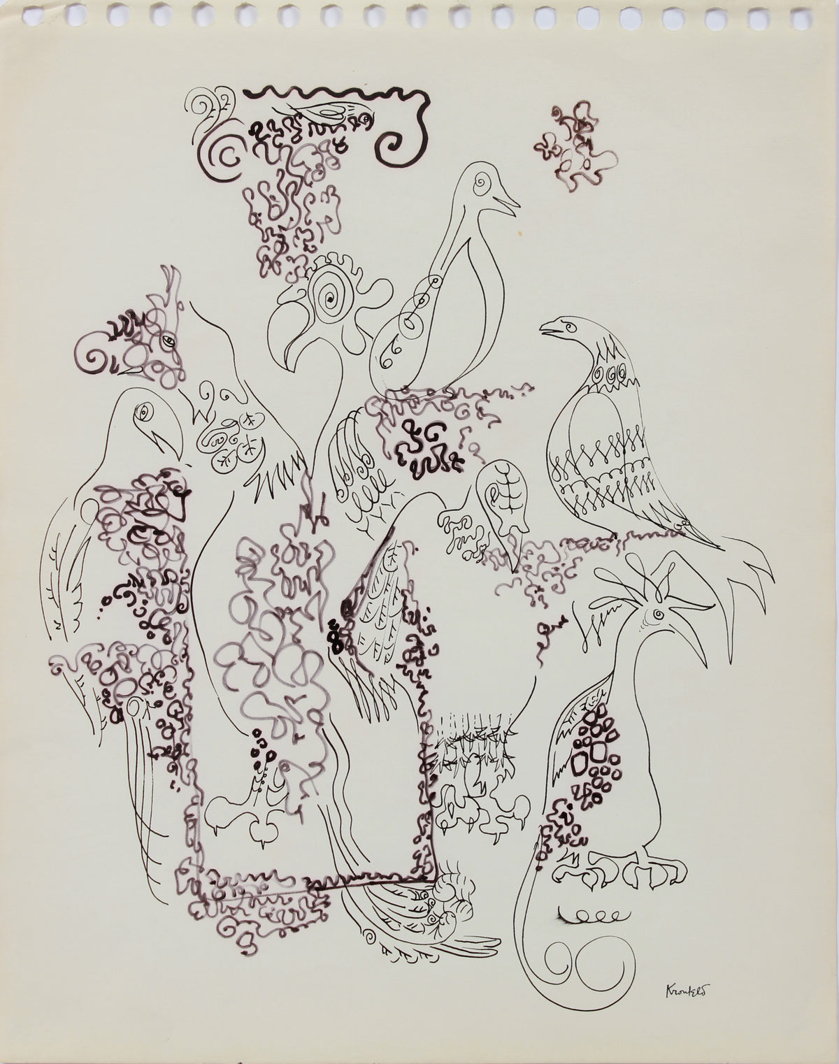 Intricate Floral Modernist Drawing <br>1960-80s Ink on Paper <br><br>#A9678