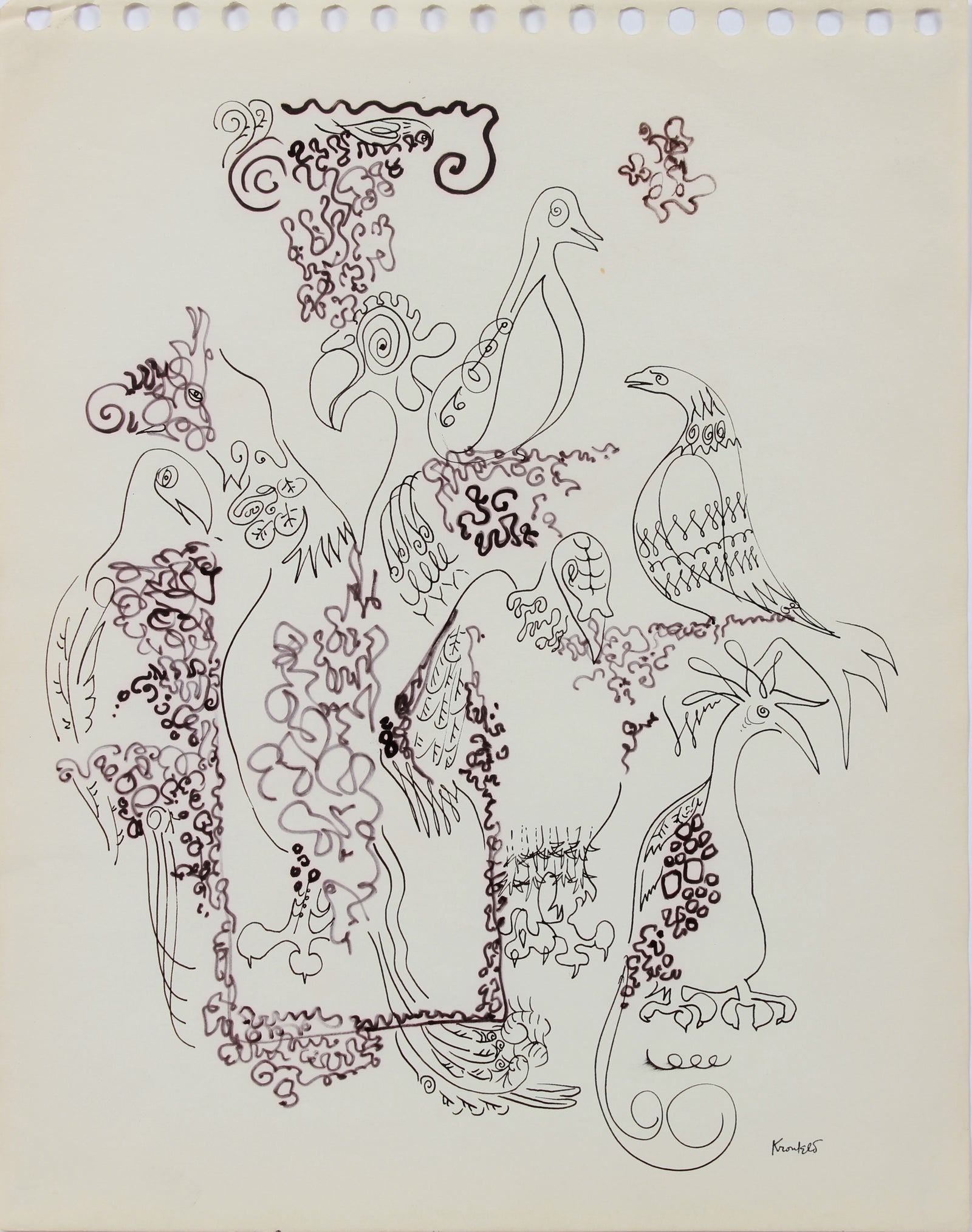 Intricate Floral Modernist Drawing <br>1960-80s Ink on Paper <br><br>#A9678
