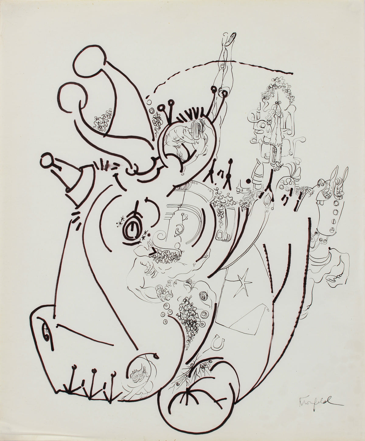 Surreal Rhinoceros Drawing &lt;br&gt;1960-80s Ink and Graphite &lt;br&gt;&lt;br&gt;#A9684