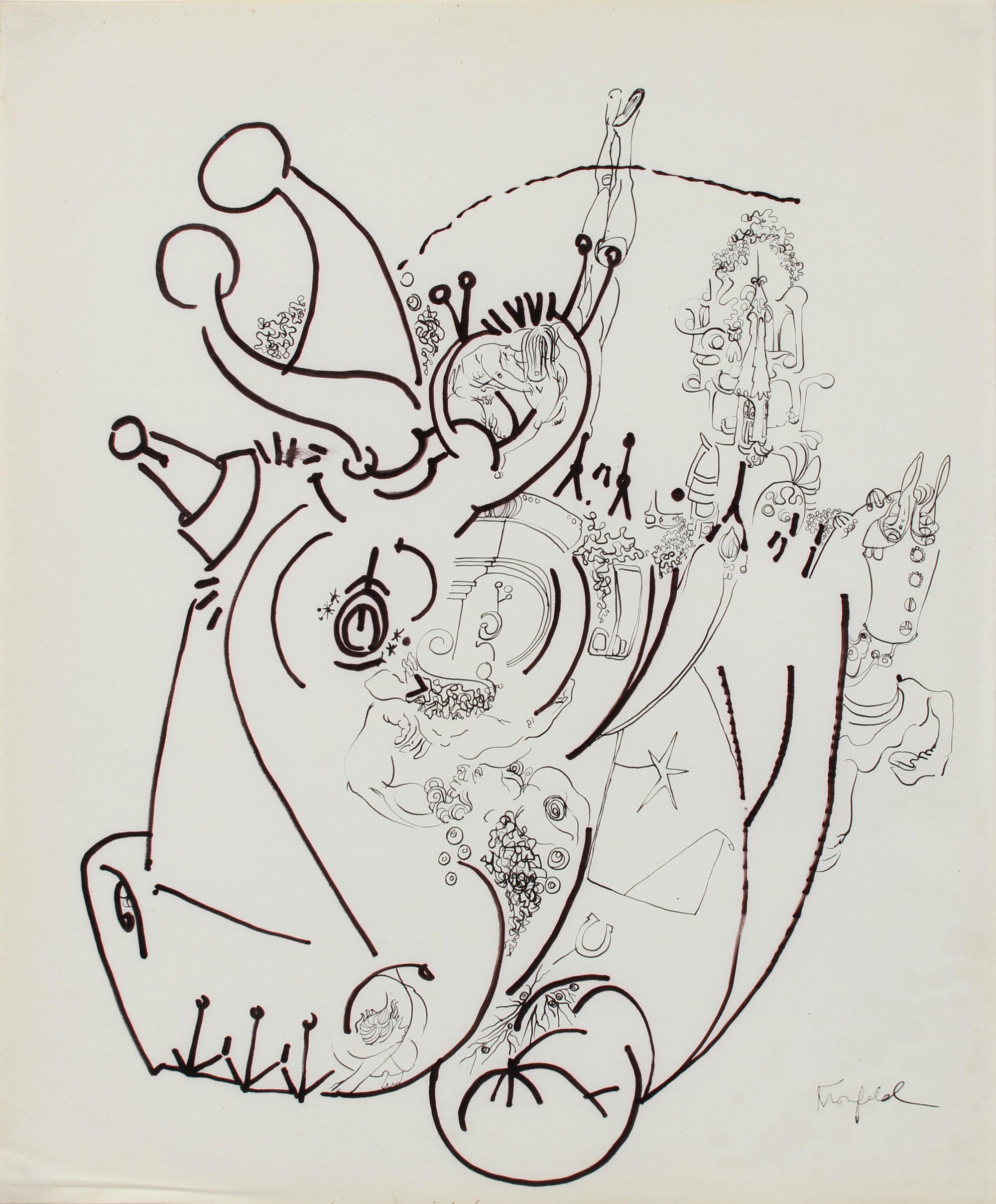 Surreal Rhinoceros Drawing <br>1960-80s Ink and Graphite <br><br>#A9684