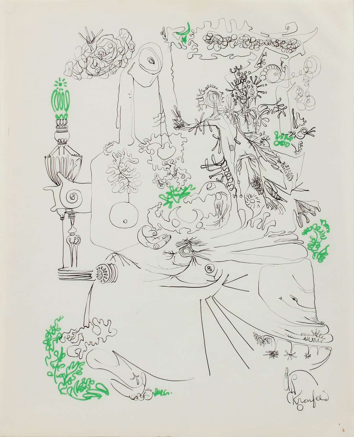 Fantastical Drawing with Green &lt;br&gt;1960-80s Ink and Graphite &lt;br&gt;&lt;br&gt;#A9687