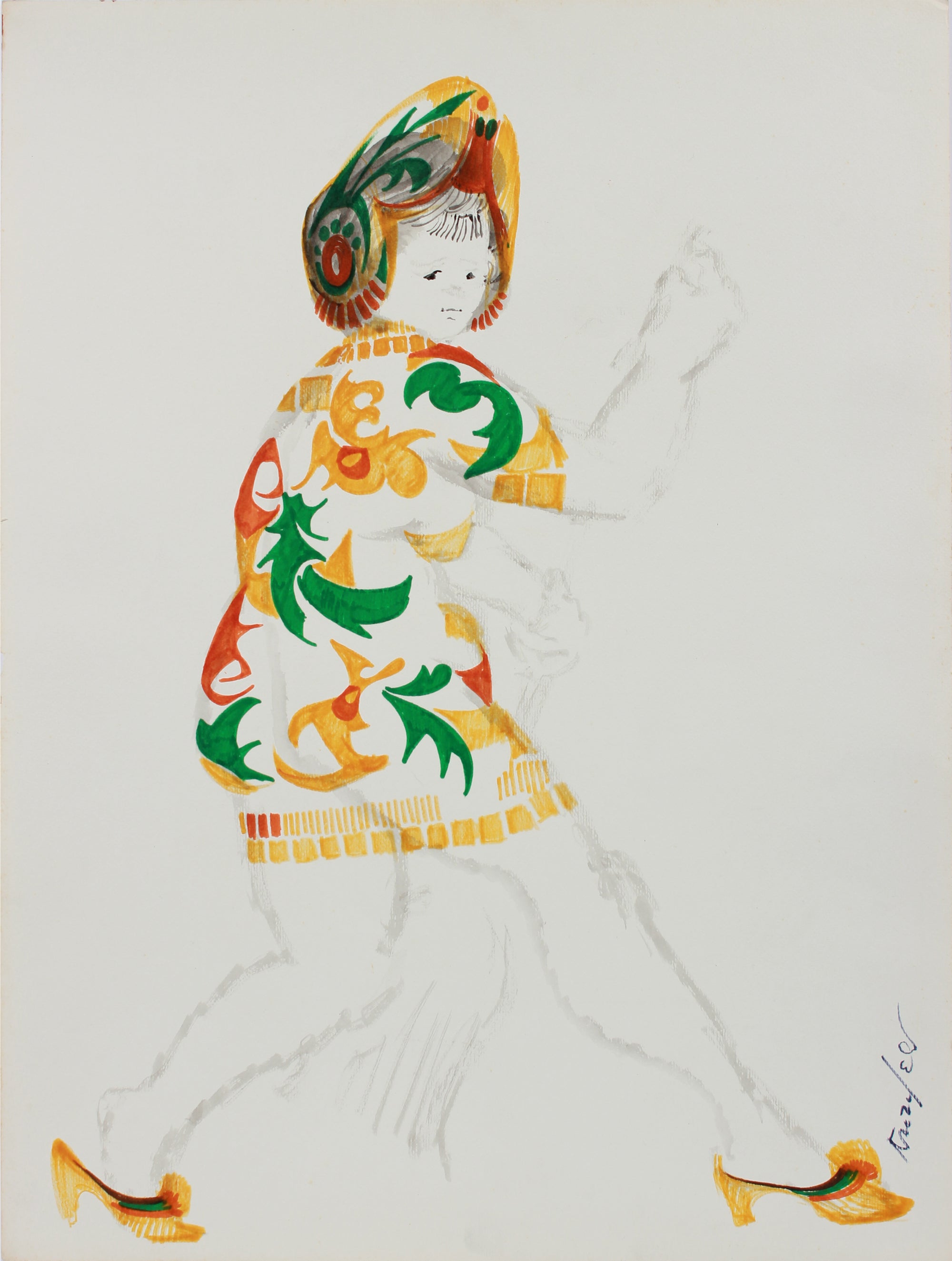 Figure in Colorful Outfit <br>1960-80s Ink <br><br>#A9690