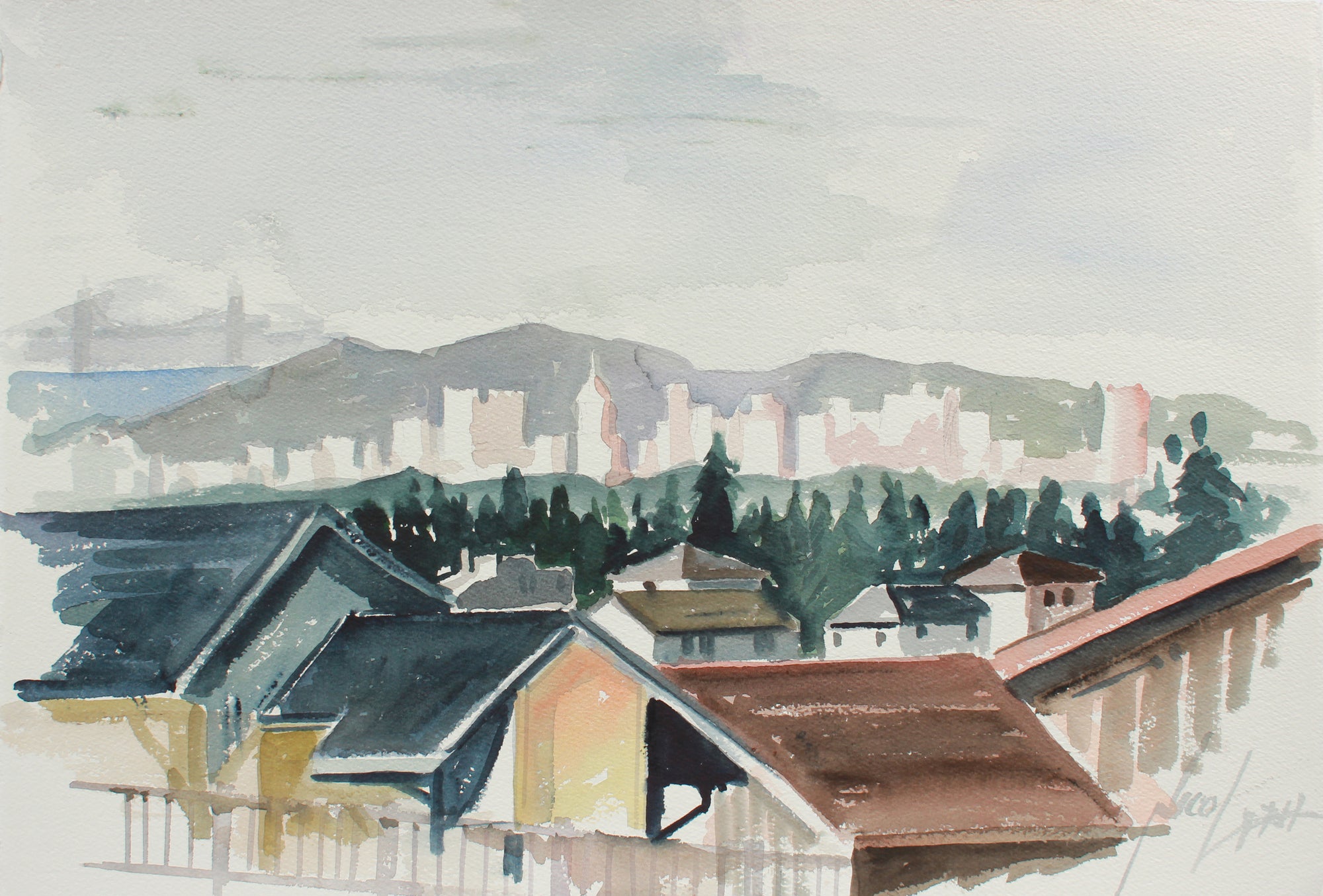 San Francisco Skyline From the East Bay <br>20th Century Watercolor <br><br>#A9754