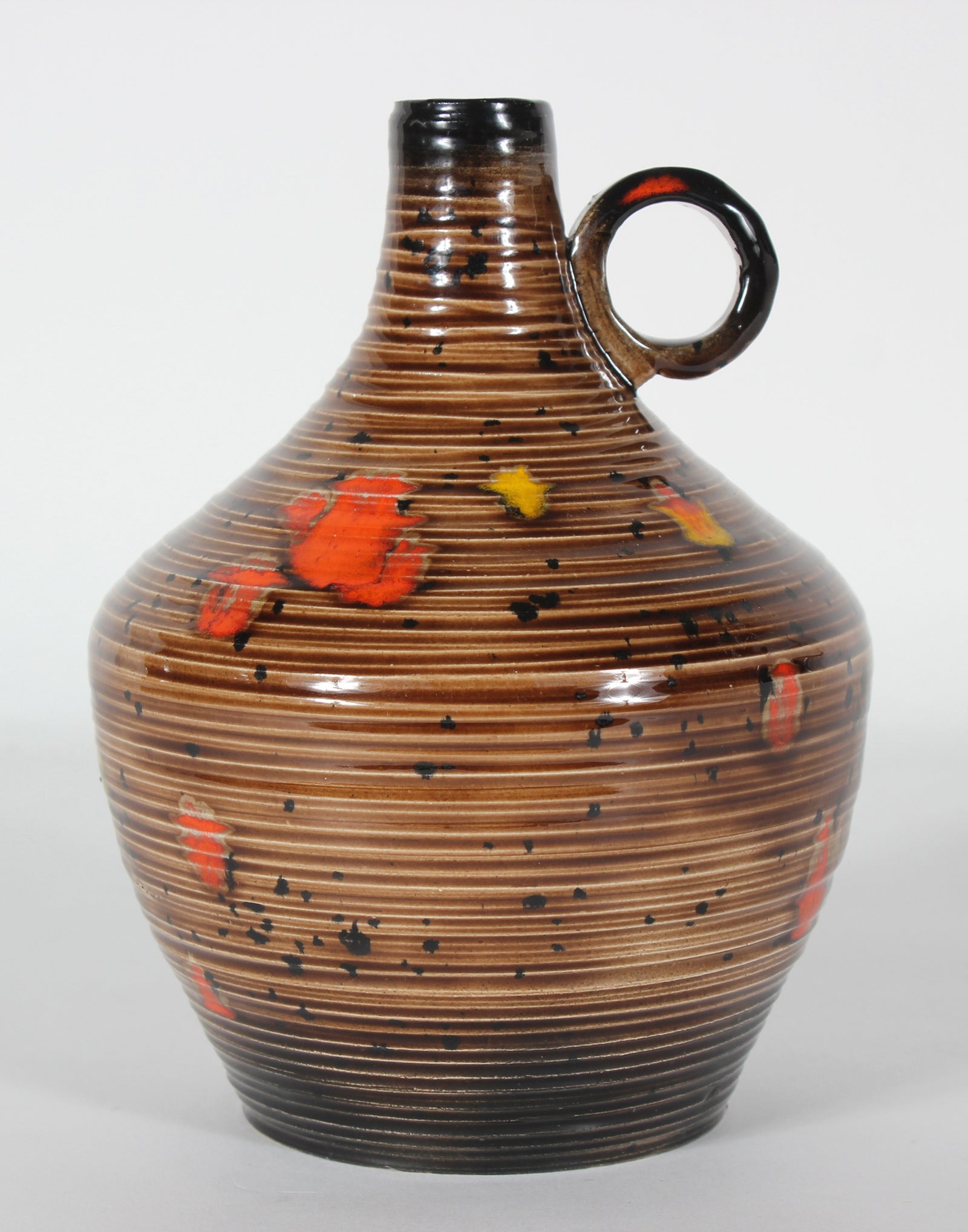 Mid Century Ceramic Gourd Vase with Striped Pattern & Red Accents <br><br>#47968