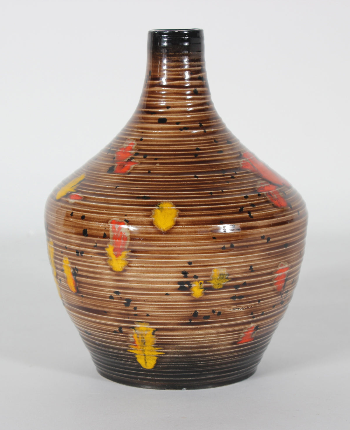 Mid Century Ceramic Gourd Vase with Striped Pattern & Red Accents <br><br>#47968