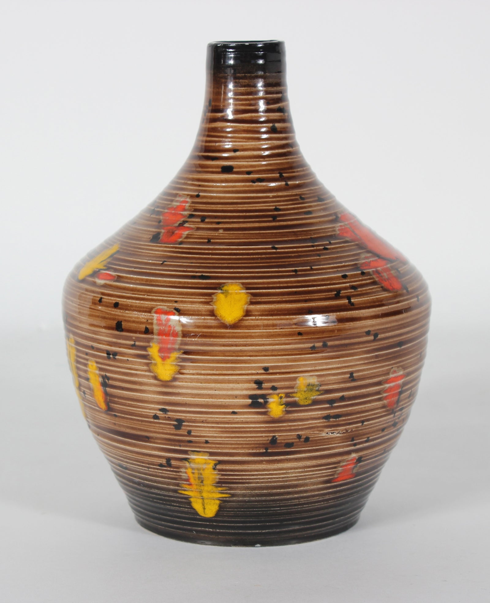 Mid Century Ceramic Gourd Vase with Striped Pattern & Red Accents <br><br>#47968