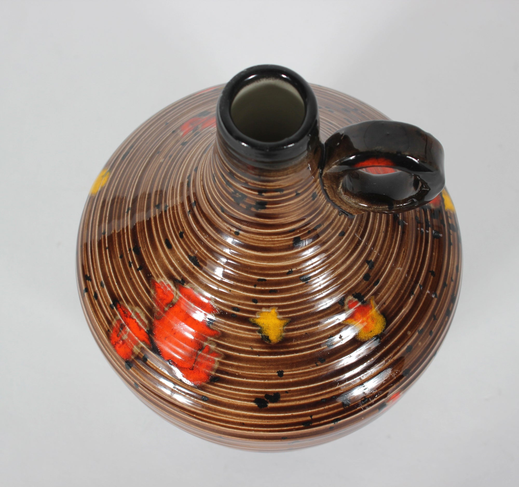 Mid Century Ceramic Gourd Vase with Striped Pattern & Red Accents <br><br>#47968